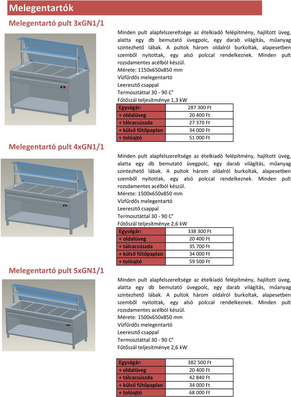 Mérete: 1150x650x850 mm Vízfűrdő melegentartó Leereztő cappal Termoztáttal 30-90 C Fűtőzál teljeítménye 1,3 kw Egyégár: 287300 Ft + oldalüveg 20400 Ft + tálcacúzda 27370 Ft + külő fűtőpaplan 34000 Ft