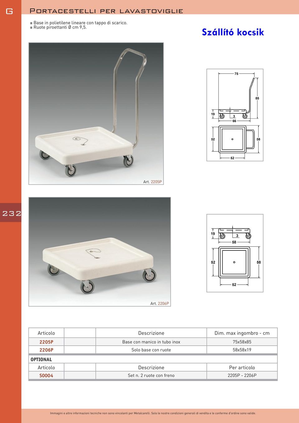 max ingombro - cm 2205P Base con manico in tubo inox 75x58x85 2206P Solo base con ruote 58x58x19 OPTIONAL S0004 Set n.