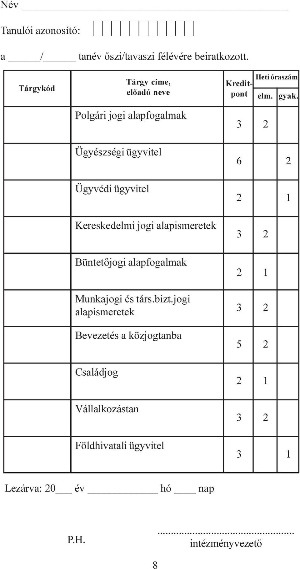 Polgári jogi alapfogalmak 3 Ügyészségi ügyvitel Ügyvédi ügyvitel 6 1 Kereskedelmi jogi alapismeretek 3