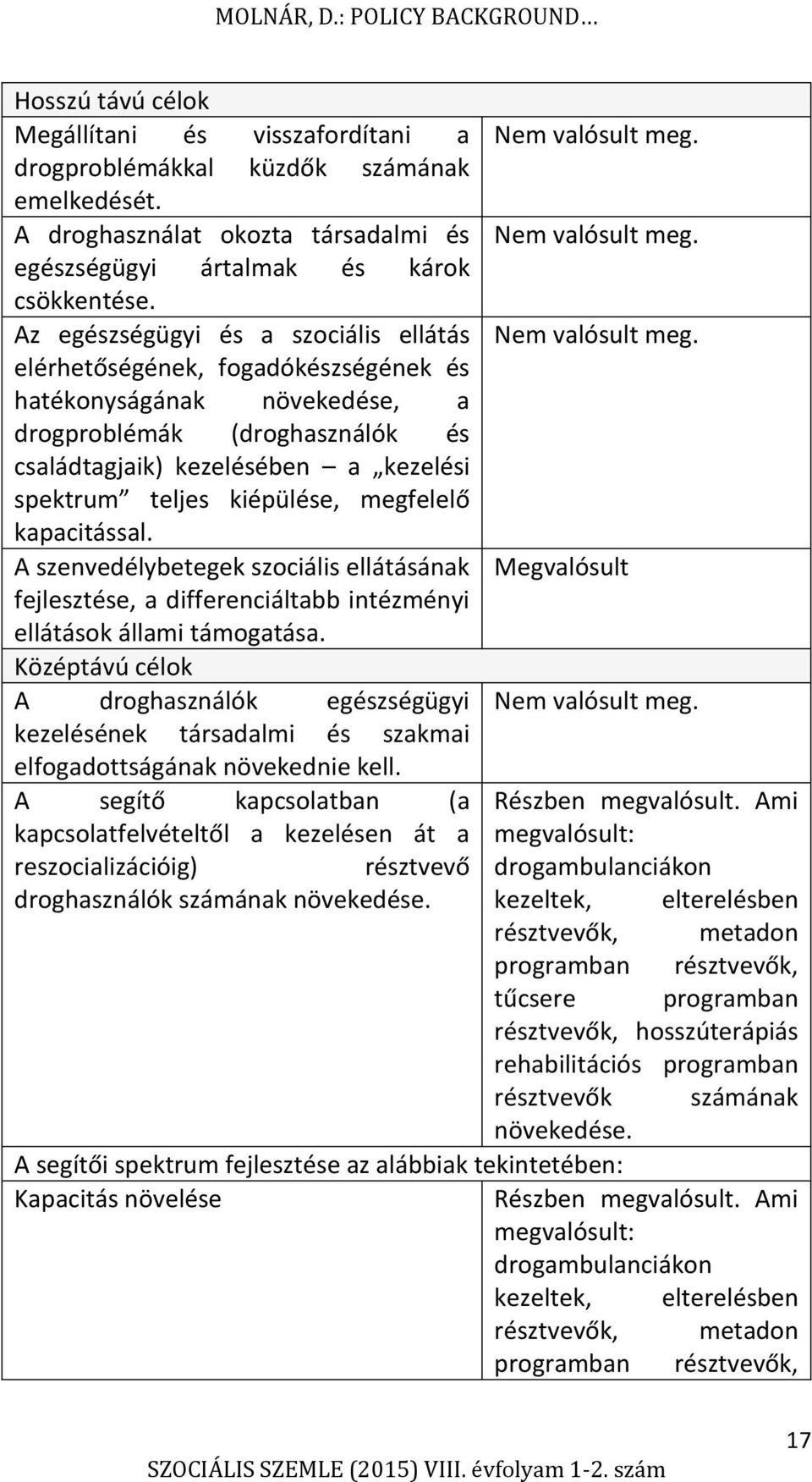 Az egészségügyi és a szociális ellátás elérhetőségének, fogadókészségének és hatékonyságának növekedése, a drogproblémák (droghasználók és családtagjaik) kezelésében a kezelési spektrum teljes