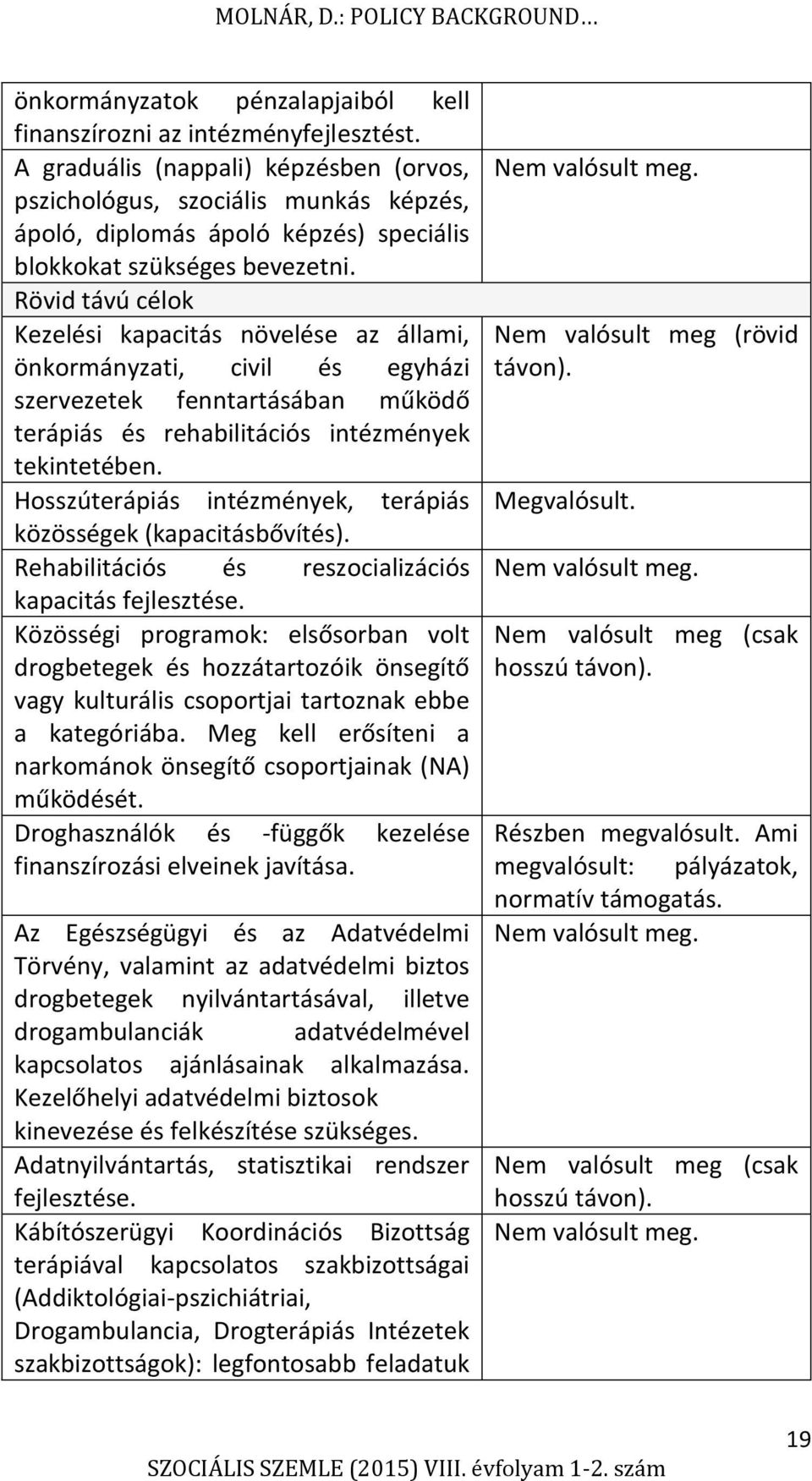 Rövid távú célok Kezelési kapacitás növelése az állami, önkormányzati, civil és egyházi szervezetek fenntartásában működő terápiás és rehabilitációs intézmények tekintetében.