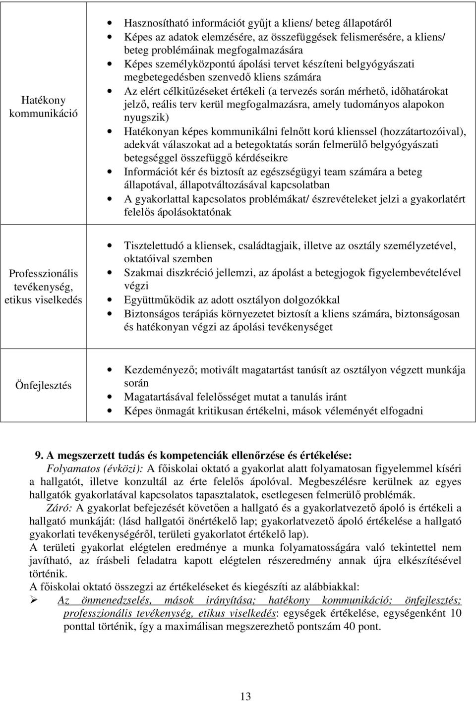 megfogalmazásra, amely tudományos alapokon nyugszik) Hatékonyan képes kommunikálni felnıtt korú klienssel (hozzátartozóival), adekvát válaszokat ad a betegoktatás során felmerülı belgyógyászati