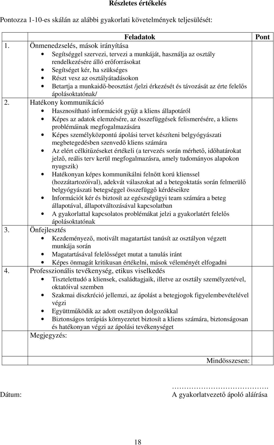 a munkaidı-beosztást /jelzi érkezését és távozását az érte felelıs ápolásoktatónak/ 2.