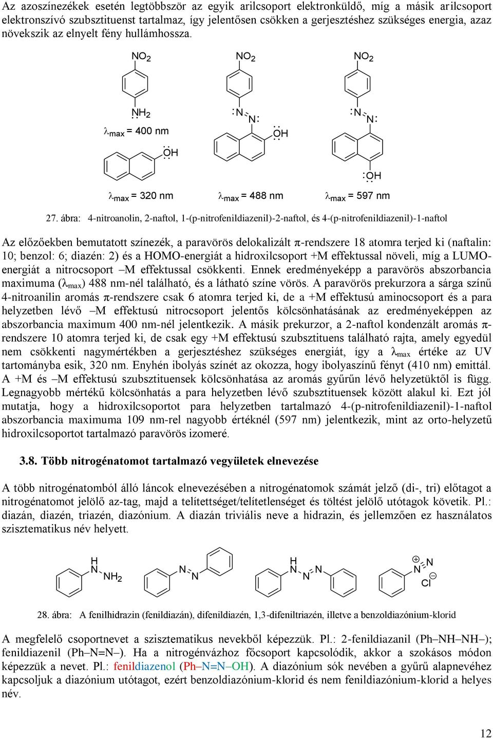 ábra: 4-nitroanolin, 2-naftol, 1-(p-nitrofenildiazenil)-2-naftol, és 4-(p-nitrofenildiazenil)-1-naftol Az előzőekben bemutatott színezék, a paravörös delokalizált π-rendszere 18 atomra terjed ki