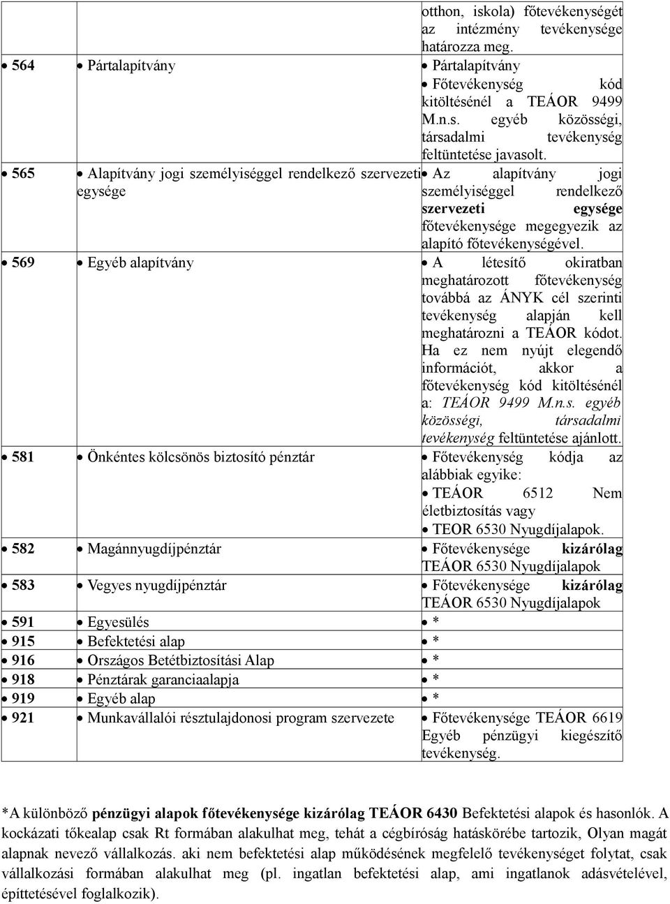 569 Egyéb alapítvány A létesítő okiratban meghatározott főtevékenység továbbá az ÁNYK cél szerinti tevékenység alapján kell meghatározni a TEÁOR kódot.