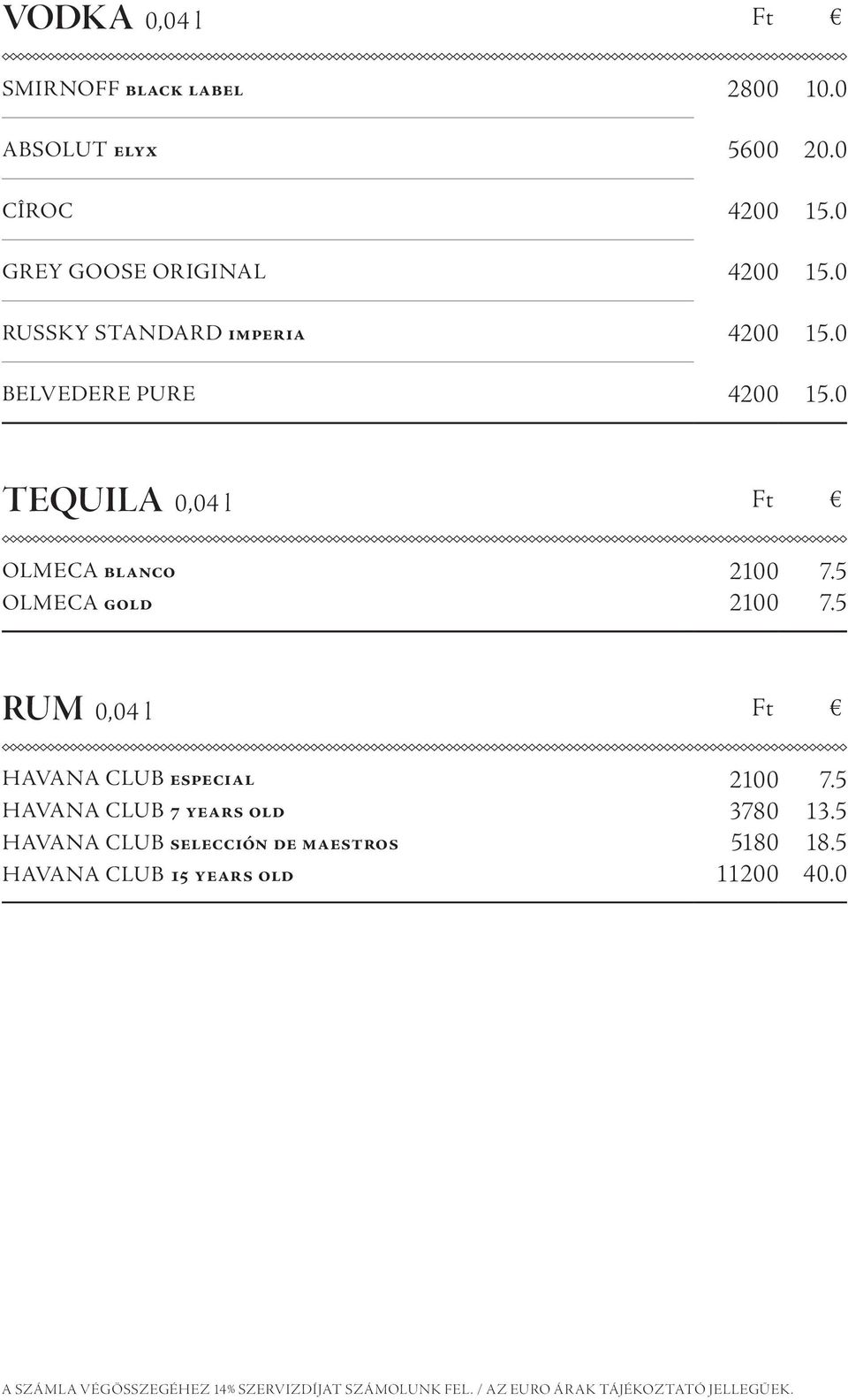 5 RUM 0,04 l Ft Havana Club especial Havana Club 7 years old Havana Club selección de maestros Havana Club 15 years old