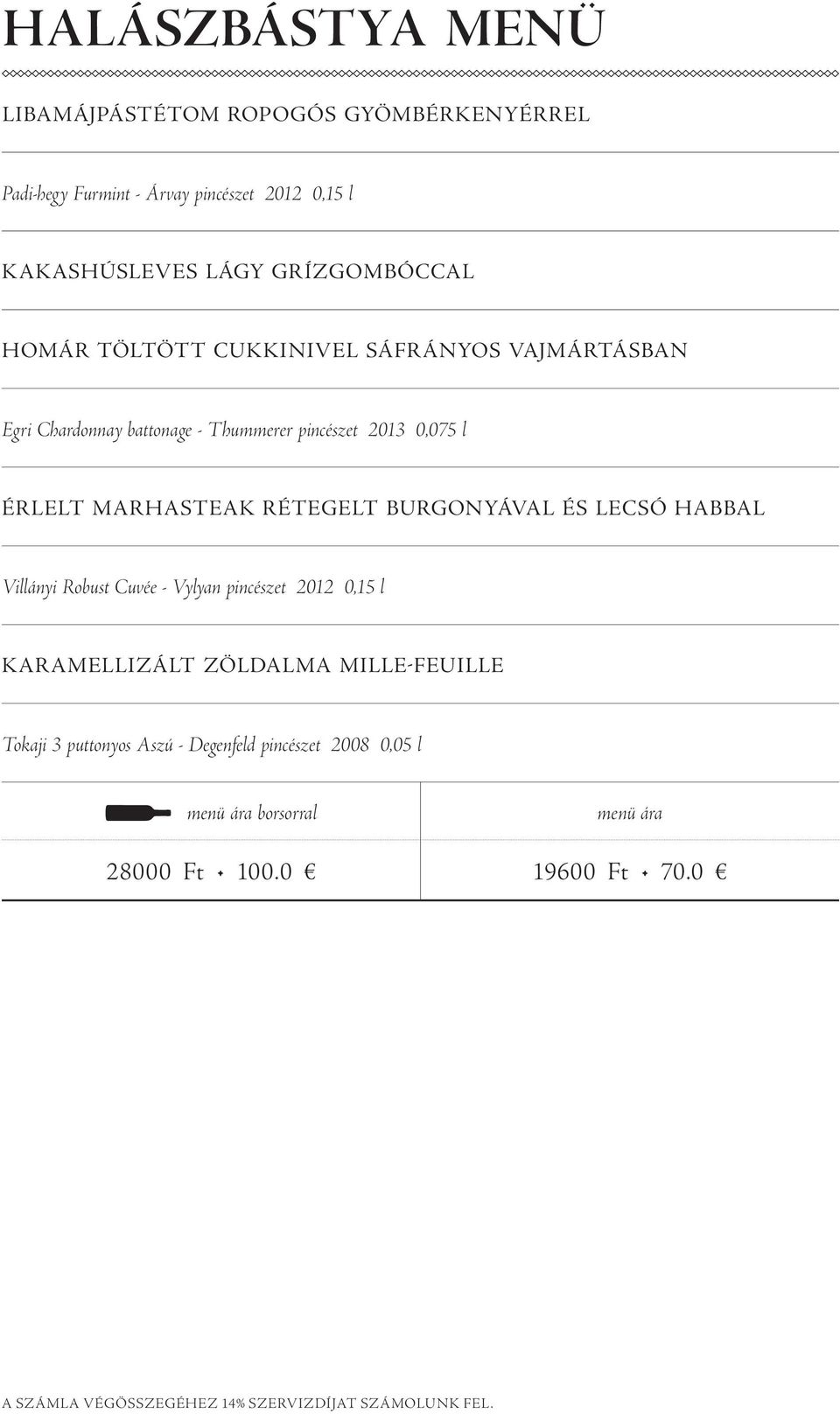 burgonyával és lecsó habbal Villányi Robust Cuvée - Vylyan pincészet 2012 0,15 l Karamellizált zöldalma Mille-Feuille Tokaji 3 puttonyos