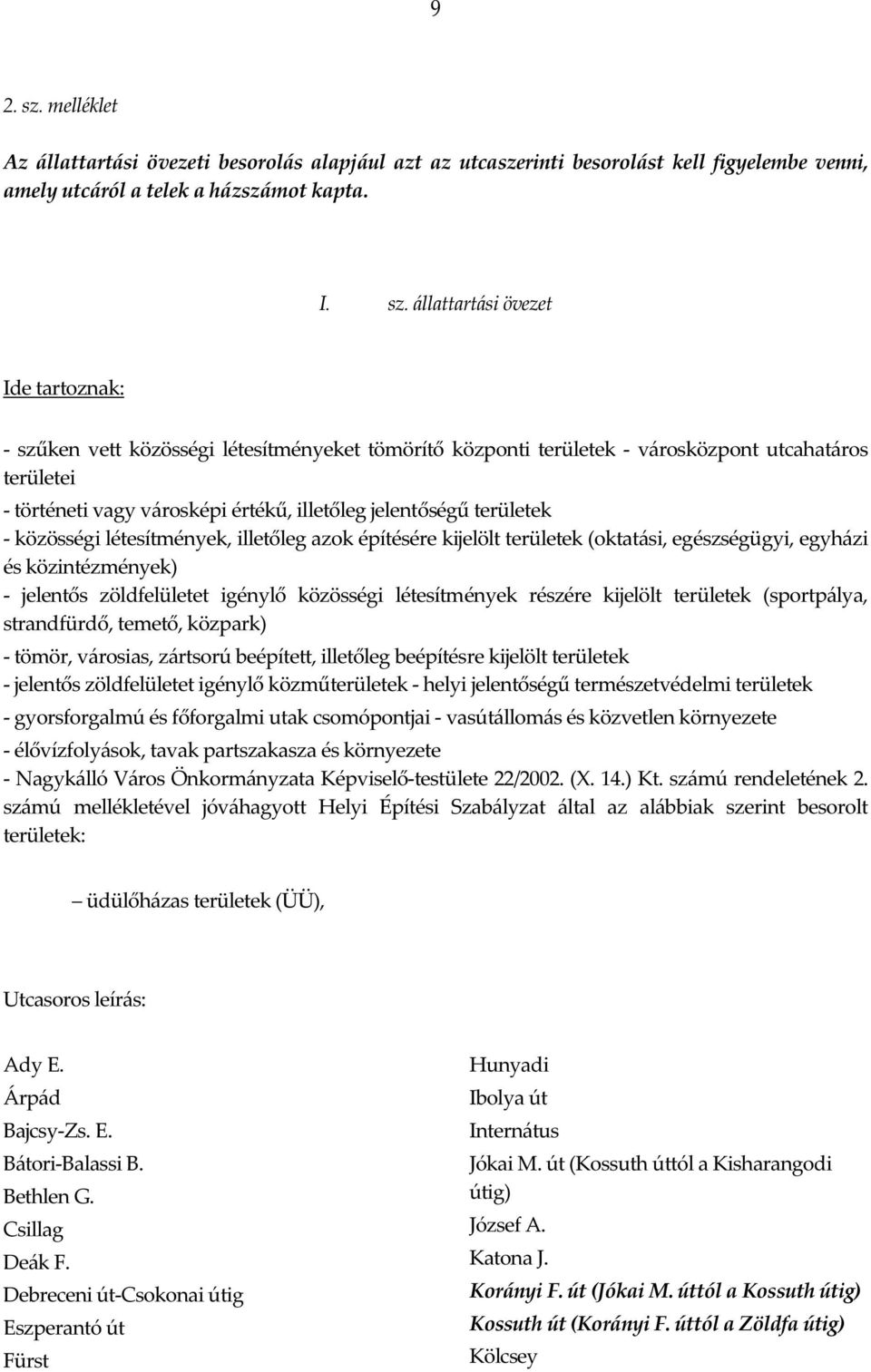 állattartási övezet Ide tartoznak: - szűken vett közösségi létesítményeket tömörítő központi területek - városközpont utcahatáros területei - történeti vagy városképi értékű, illetőleg jelentőségű