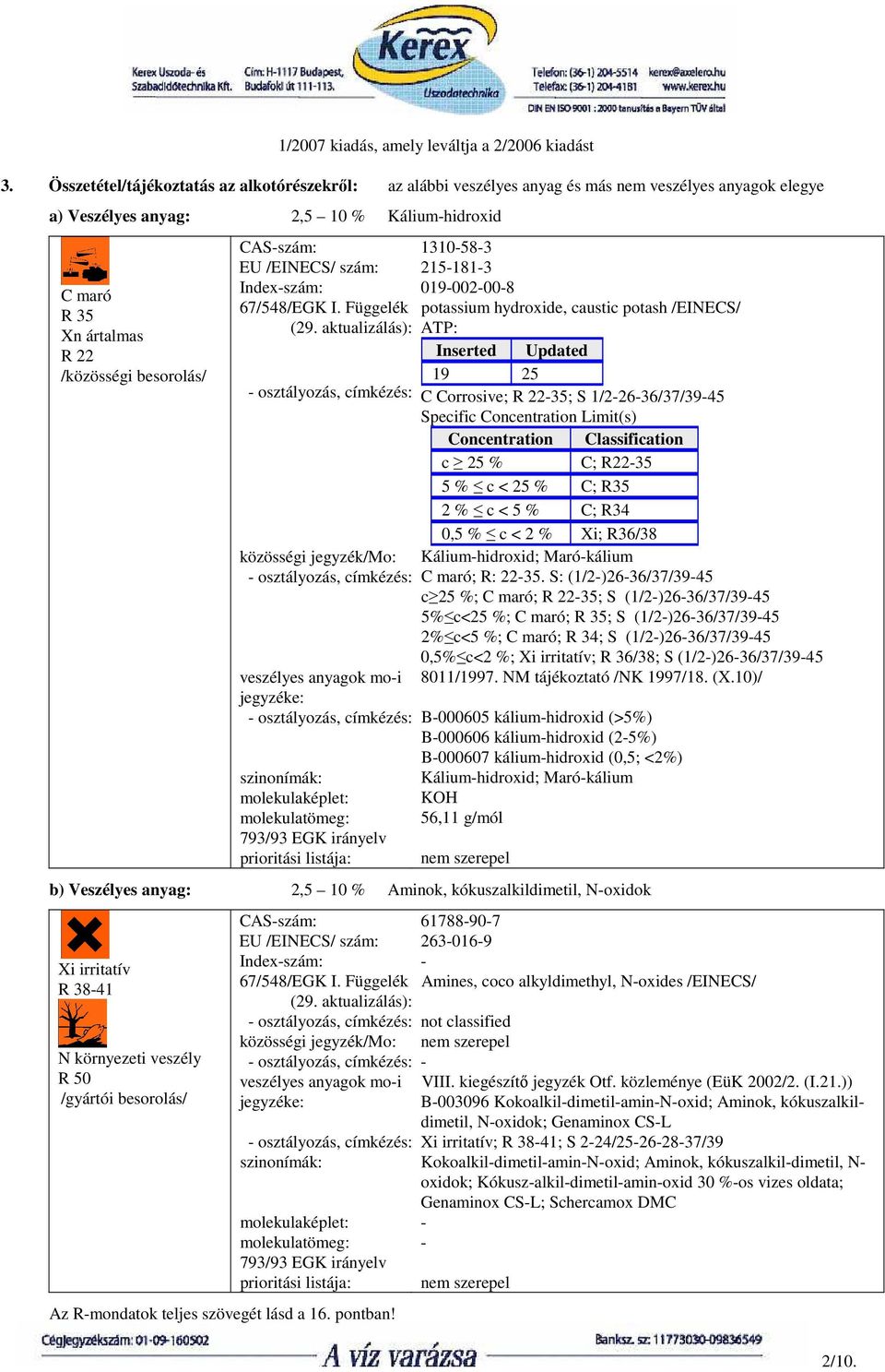 aktualizálás): közösségi jegyzék/mo: - osztályozás, címkézés: veszélyes anyagok mo-i jegyzéke: - osztályozás, címkézés: szinonímák: molekulaképlet: molekulatömeg: 793/93 EGK irányelv prioritási