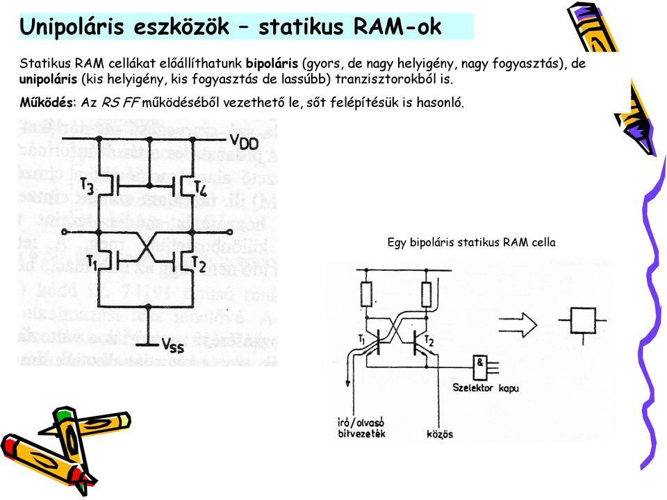 helyigény, kis fogyasztás de lassúbb) tranzisztorokból is.