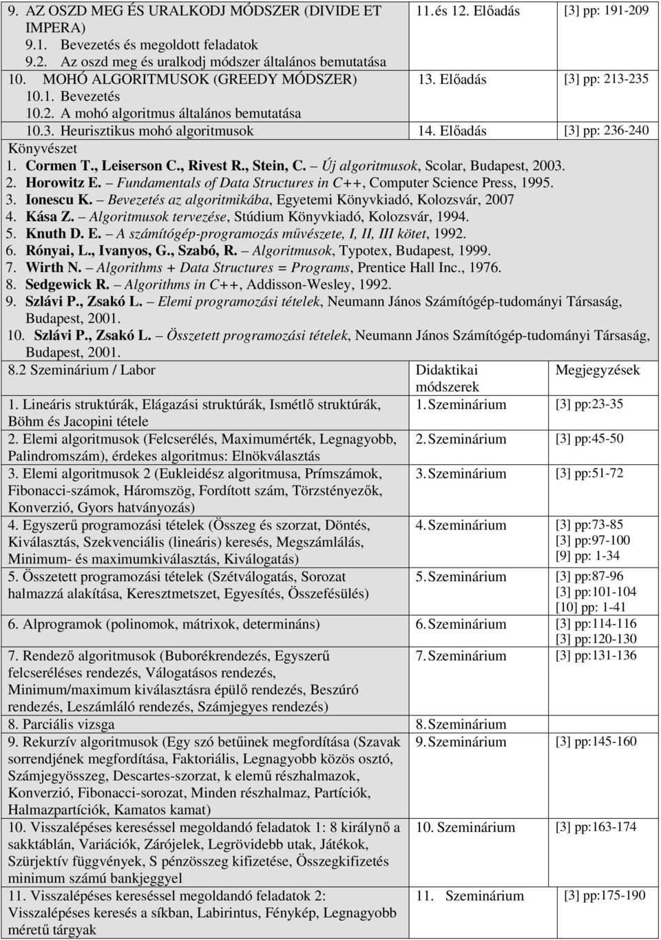, Leiserson C., Rivest R., Stein, C. Új algoritmusok, Scolar, Budapest, 2003. 2. Horowitz E. Fundamentals of Data Structures in C++, Computer Science Press, 1995. 3. Ionescu K.