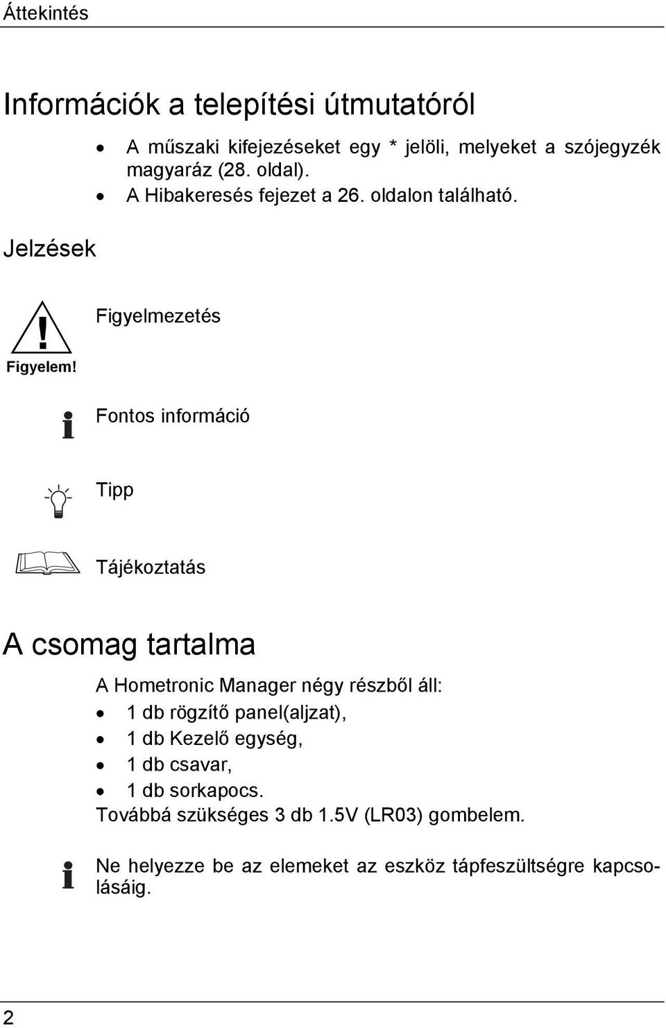 Fontos információ Tipp Tájékoztatás A csomag tartalma A Hometronic Manager négy részből áll: 1 db rögzítő panel(aljzat), 1