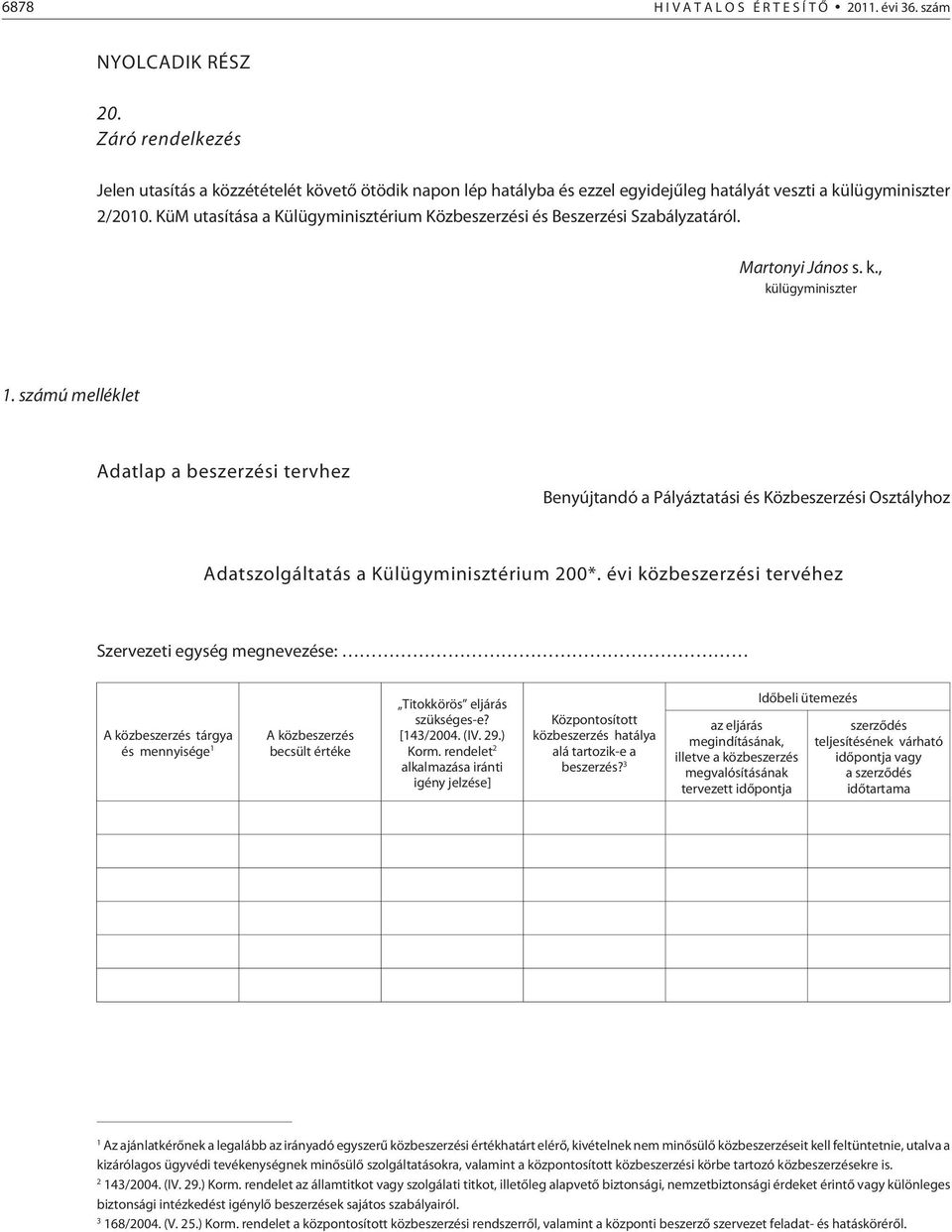 KüM utasítása a Külügyminisztérium Közbeszerzési és Beszerzési Szabályzatáról. Martonyi János s. k., külügyminiszter 1.