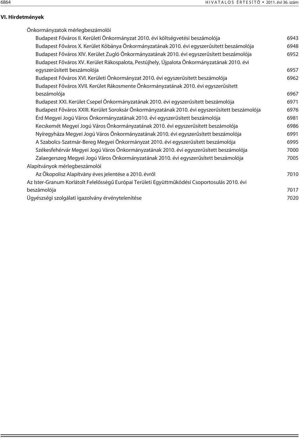 Kerület Rákospalota, Pestújhely, Újpalota Önkormányzatának 2010. évi ja 6957 Budapest Fõváros XVI. Kerületi Önkormányzat 2010. évi ja 6962 Budapest Fõváros XVII.