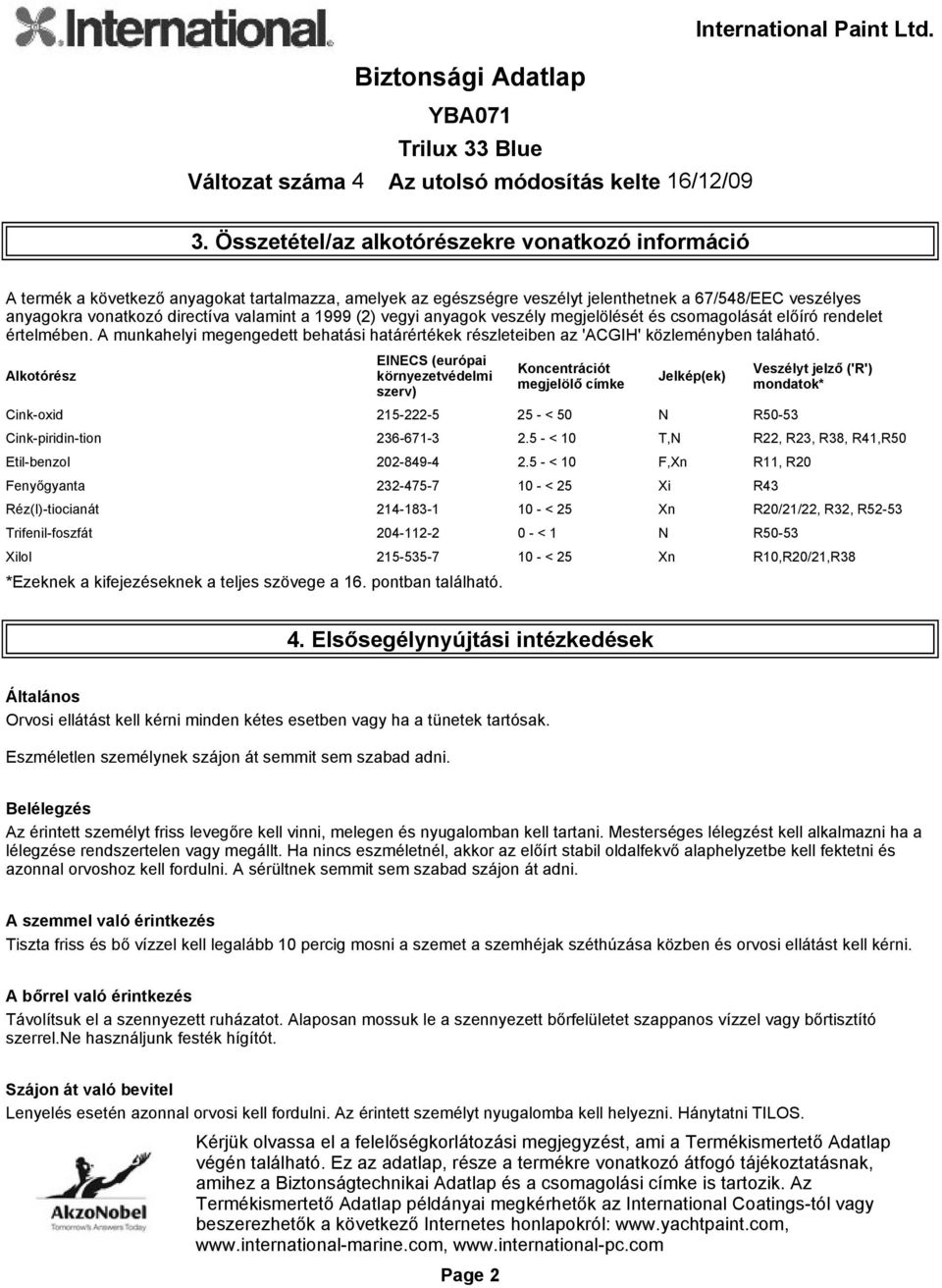 Alkotórész EINECS (európai környezetvédelmi szerv) Koncentrációt megjelölő címke Jelkép(ek) Veszélyt jelző ('R') mondatok* Cink-oxid 215-222-5 25 - < 50 N R50-53 Cink-piridin-tion 236-671-3 2.