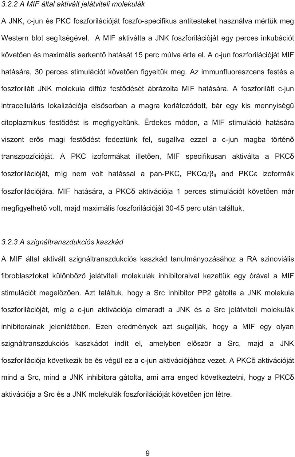 A c-jun foszforilációját MIF hatására, 30 perces stimulációt követ en figyeltük meg. Az immunfluoreszcens festés a foszforilált JNK molekula diffúz fest dését ábrázolta MIF hatására.