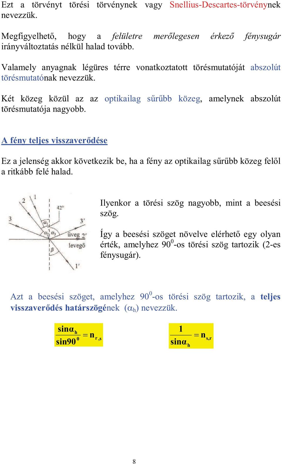 A fény teljes visszaverődése Ez a jelenség akkor következik be, ha a fény az optikailag sűrűbb közeg felől a ritkább felé halad. Ilyenkor a törési szög nagyobb, mint a beesési szög.