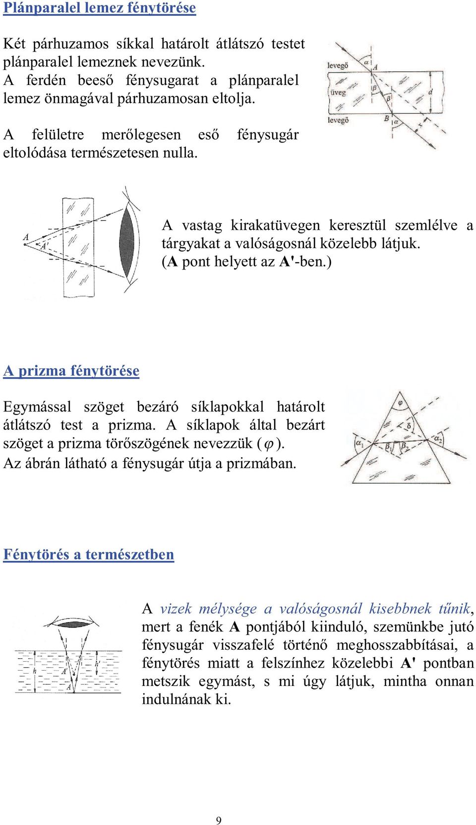 ) A prizma fénytörése Egymással szöget bezáró síklapokkal határolt átlátszó test a prizma. A síklapok által bezárt szöget a prizma törőszögének nevezzük (ϕ ).