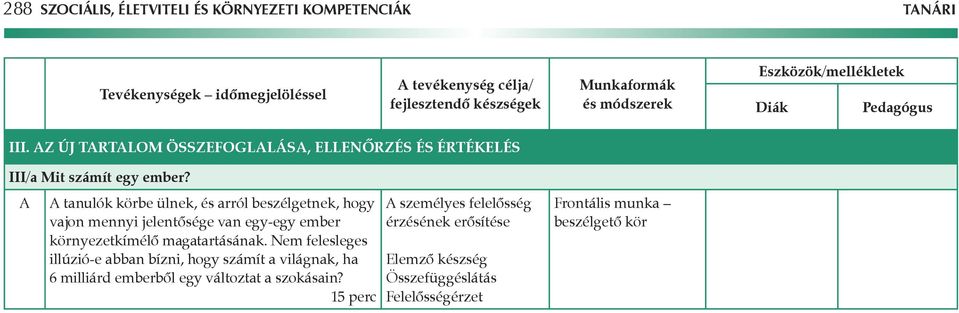 A A tanulók körbe ülnek, és arról beszélgetnek, hogy vajon mennyi jelentôsége van egy-egy ember környezetkímélô magatartásának.