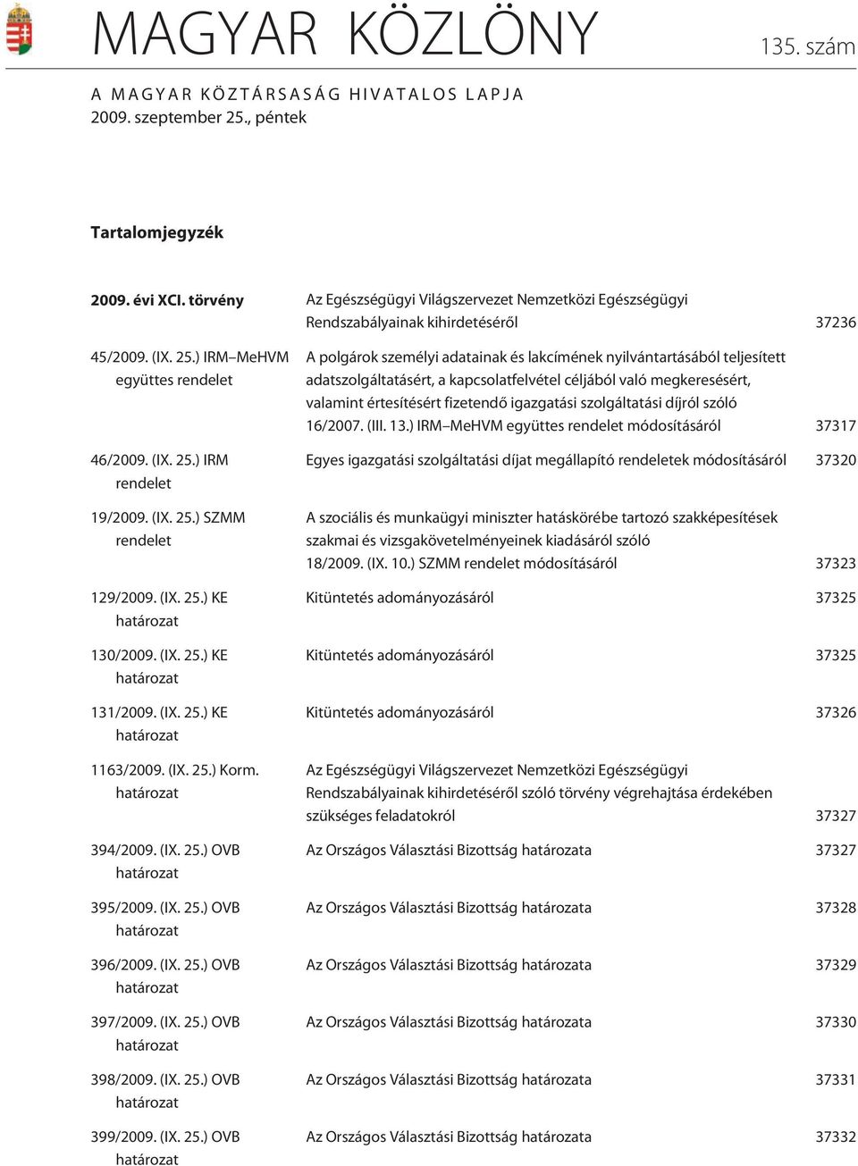 (IX. 25.) KE határozat 130/2009. (IX. 25.) KE határozat 131/2009. (IX. 25.) KE határozat 1163/2009. (IX. 25.) Korm. határozat 394/2009. (IX. 25.) OVB határozat 395/2009. (IX. 25.) OVB határozat 396/2009.