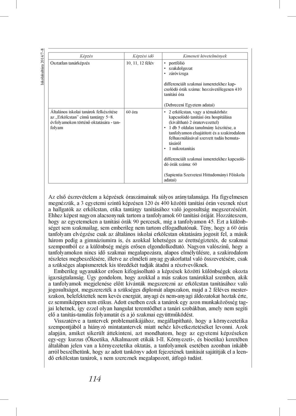 évfolyamokon történő oktatására - tanfolyam (Debreceni Egyetem adatai) 60 óra 2 erkölcstan, vagy a témakörhöz kapcsolódó tanítási óra hospitálása (kiváltható 2 óratervezettel) 1 db 5 oldalas