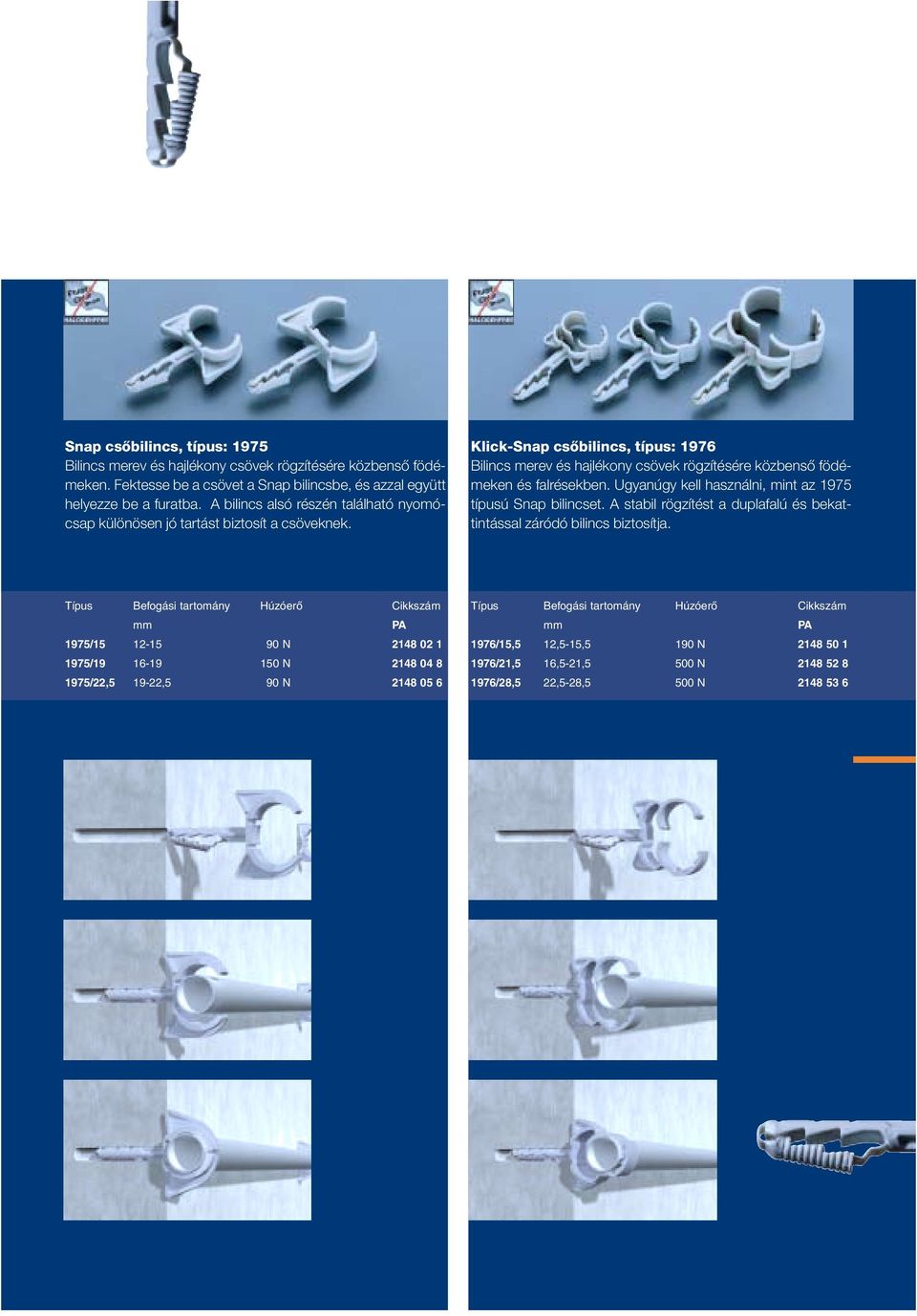 Klick-Snap csœbilincs, típus: 1976 Bilincs merev és hajlékony csövek rögzítésére közbensœ födémeken és falrésekben. Ugyanúgy kell használni, mint az 1975 típusú Snap bilincset.