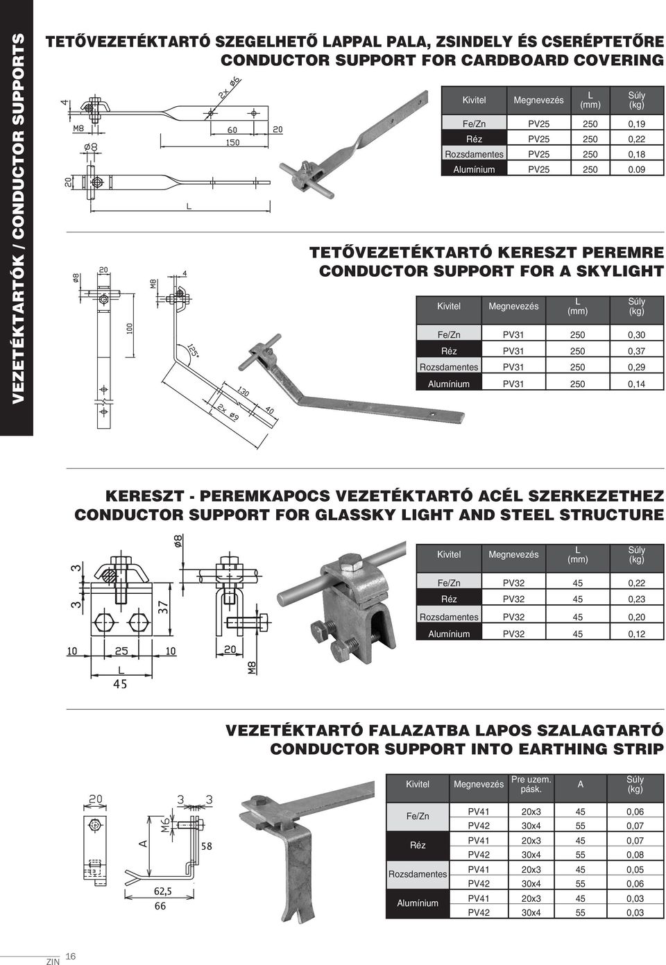 09 TETŐVEZETÉKTARTÓ KERESZT PEREMRE CONDUCTOR SUPPORT FOR A SKYIGHT PV31 250 0,30 PV31 250 0,37 PV31 250 0,29 PV31 250 0,14 KERESZT - PEREMKAPOCS VEZETÉKTARTÓ ACÉ SZERKEZETHEZ