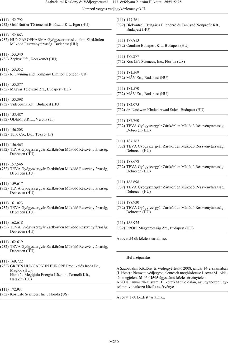 , Budapest (HU) (111) 155.487 (732) ODEM, S.R.L., Verona (IT) (111) 156.208 (732) Toho Co., Ltd., Tokyo (JP) (111) 156.465 (111) 157.546 (111) 159.617 (111) 161.023 (111) 162.618 (111) 162.