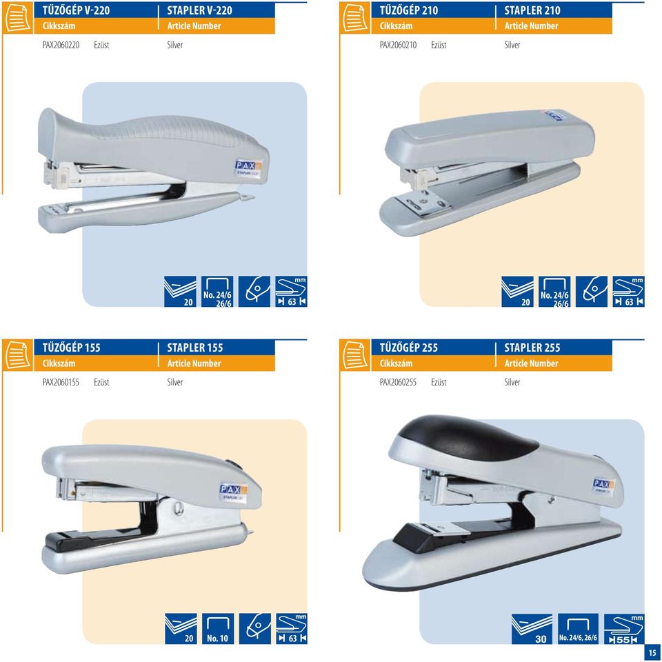 10 41 No. 24/6 100 20 26/6 V-220 100 210 155 No. 24/6 100 20 26/6 110 100 20 No. 24/6 26/6 Tűzőgép 255 V-110 Stapler 255 100 Article 20Number No.