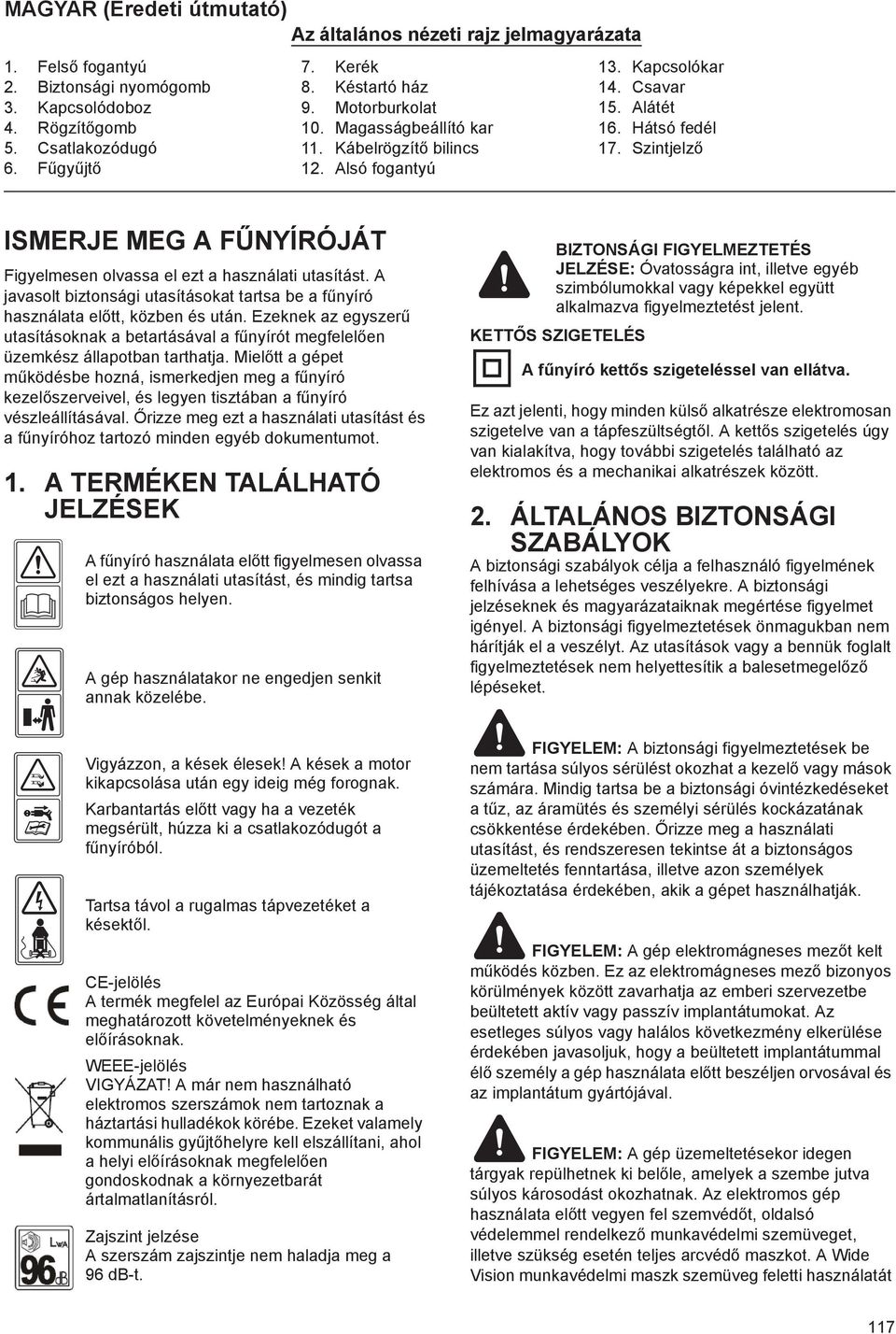 Szintjelz ISMERJE MEG A F NYÍRÓJÁT Figyelmesen olvassa el ezt a használati utasítást. A javasolt biztonsági utasításokat tartsa be a f nyíró használata el tt, közben és után.