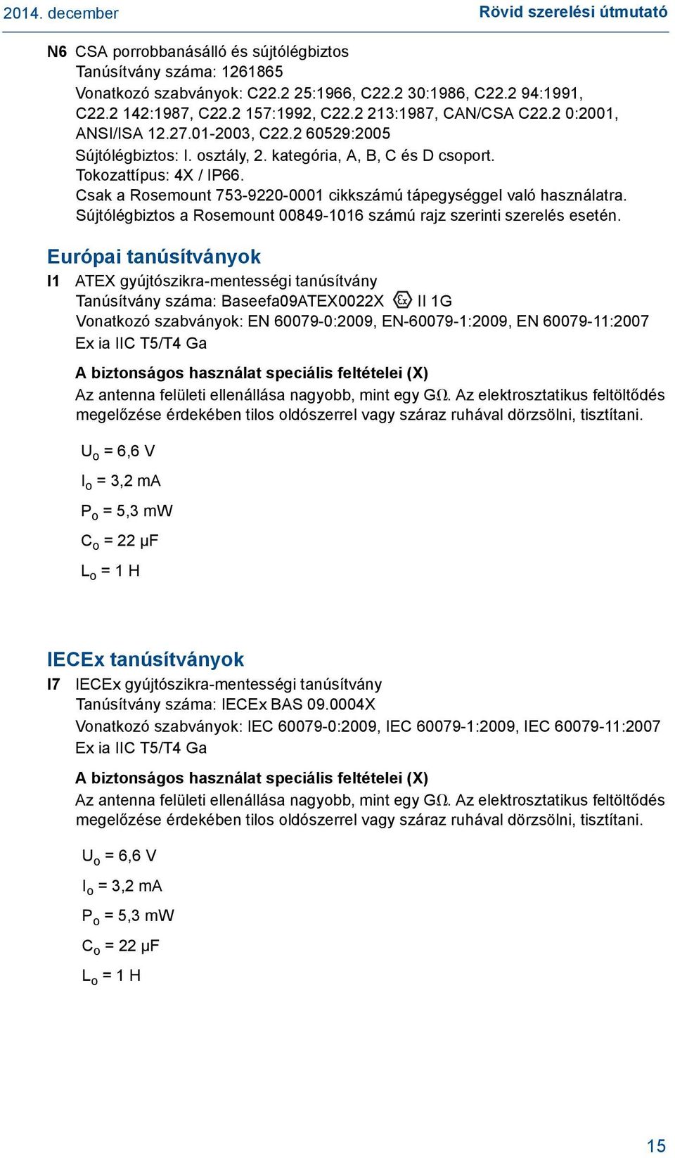 Csak a Rosemount 753-9220-0001 cikkszámú tápegységgel való használatra. Sújtólégbiztos a Rosemount 00849-1016 számú rajz szerinti szerelés esetén.