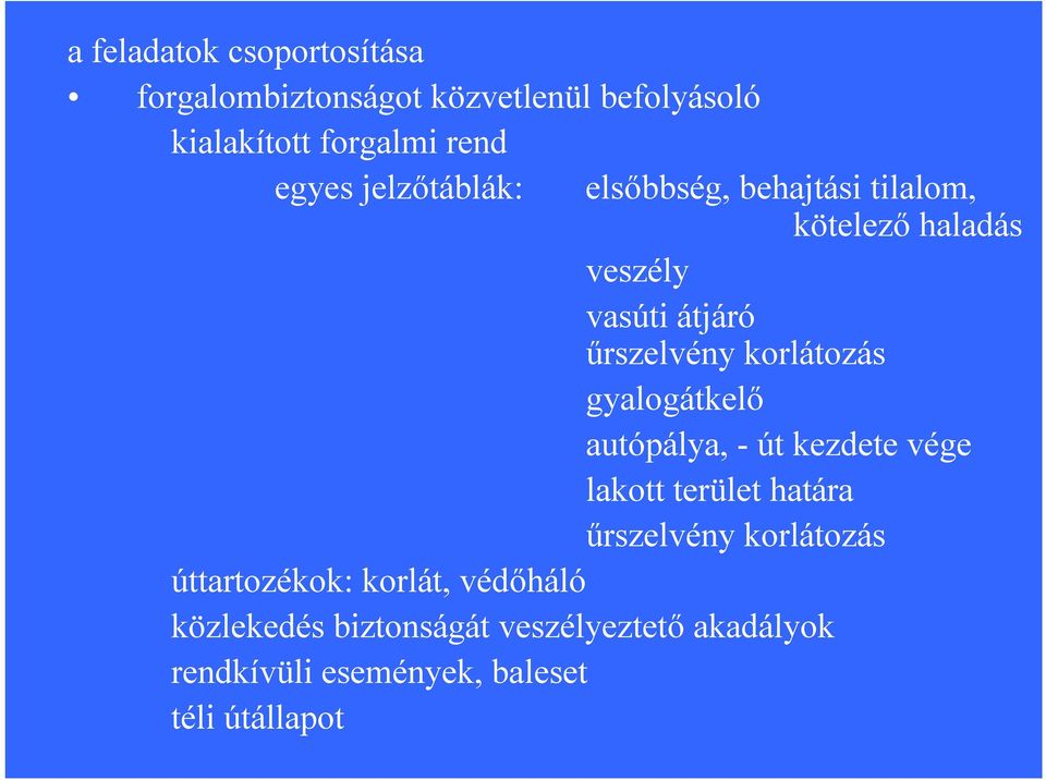 gyalogátkelő autópálya, -út kezdete vége lakott terület határa űrszelvény korlátozás úttartozékok: