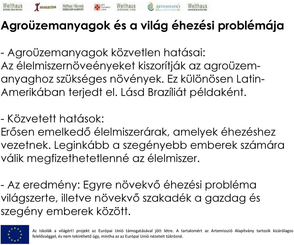 - Közvetett hatások: Erısen emelkedı élelmiszerárak, amelyek éhezéshez vezetnek.