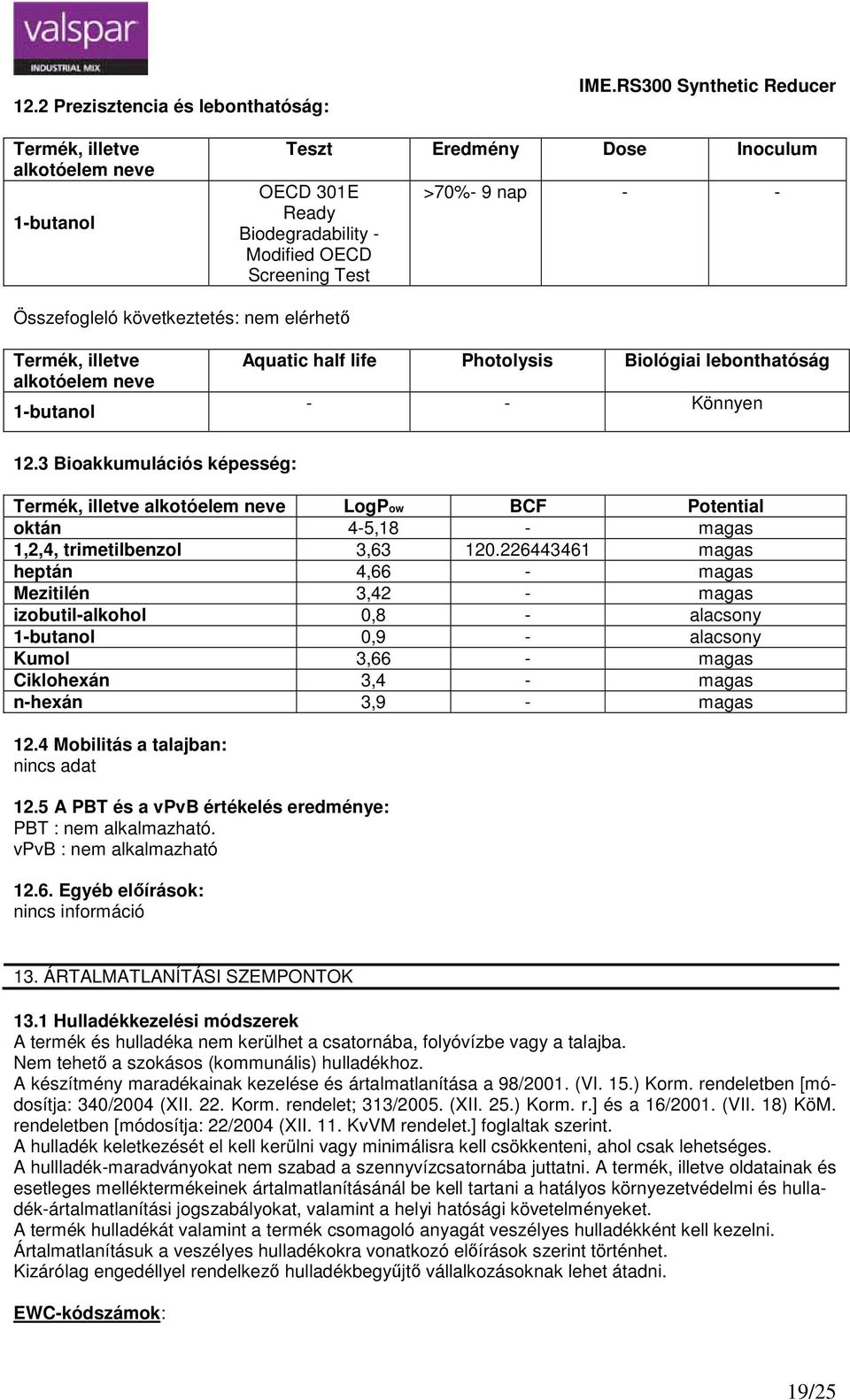 elérhető Termék, illetve alkotóelem neve 1butanol Aquatic half life Photolysis Biológiai lebonthatóság Könnyen 12.