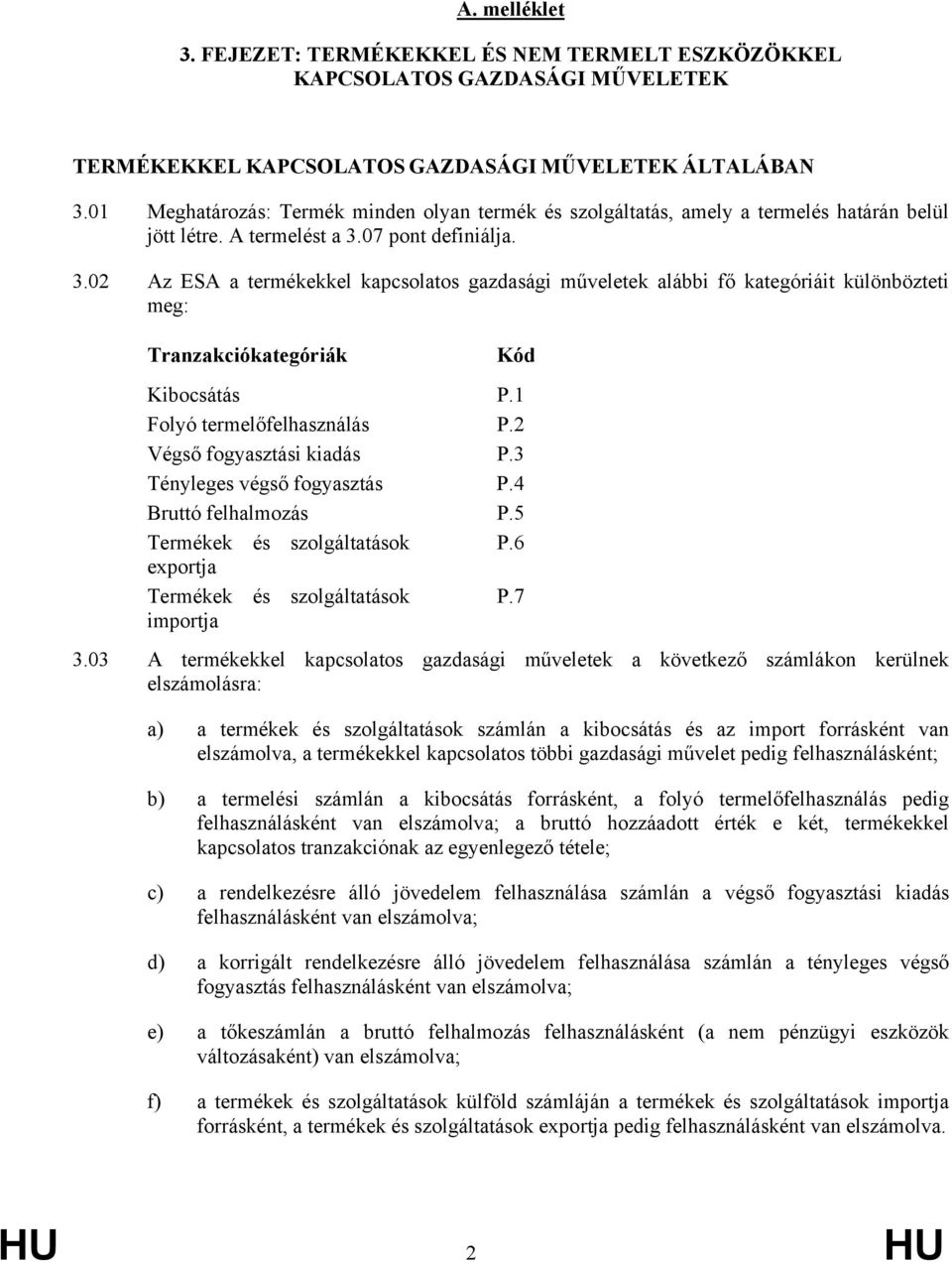 07 pont definiálja. 3.02 Az ESA a termékekkel kapcsolatos gazdasági műveletek alábbi fő kategóriáit különbözteti meg: Tranzakciókategóriák Kód Kibocsátás P.1 Folyó termelőfelhasználás P.