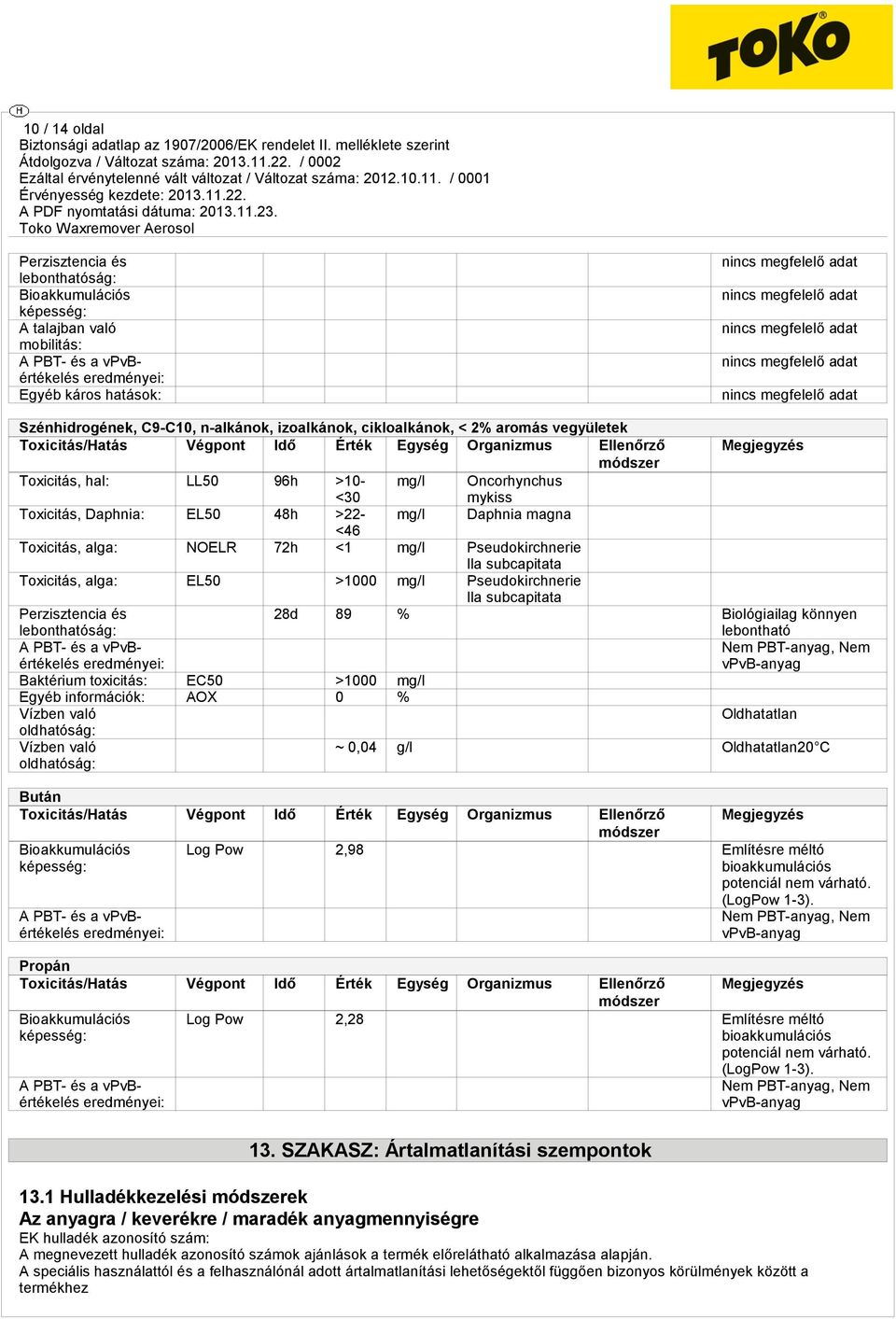 EL50 48h >22- mg/l Daphnia magna <46 Toxicitás, alga: NOELR 72h <1 mg/l Pseudokirchnerie lla subcapitata Toxicitás, alga: EL50 >1000 mg/l Pseudokirchnerie lla subcapitata Perzisztencia és