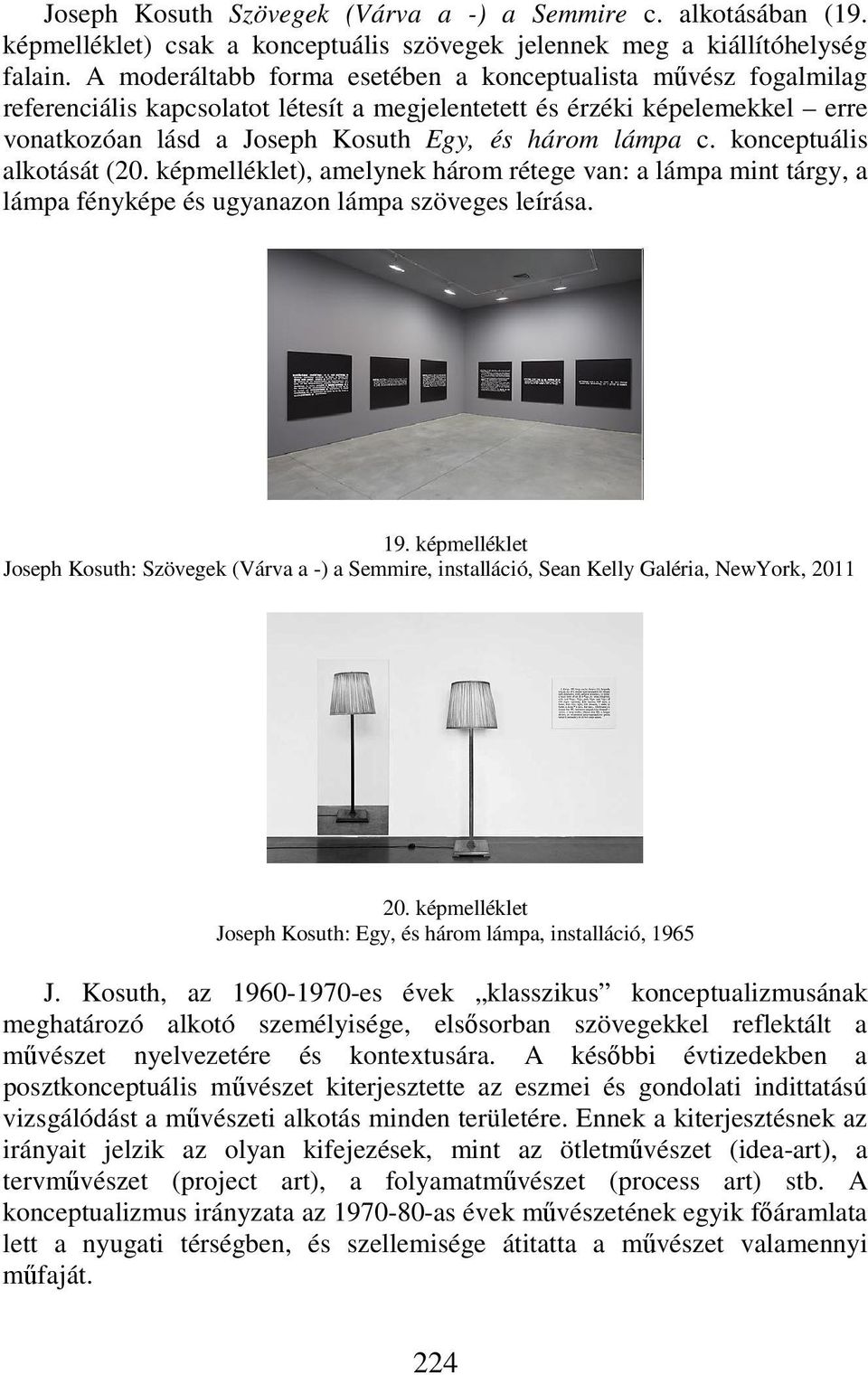 konceptuális alkotását (20. képmelléklet), amelynek három rétege van: a lámpa mint tárgy, a lámpa fényképe és ugyanazon lámpa szöveges leírása. 19.