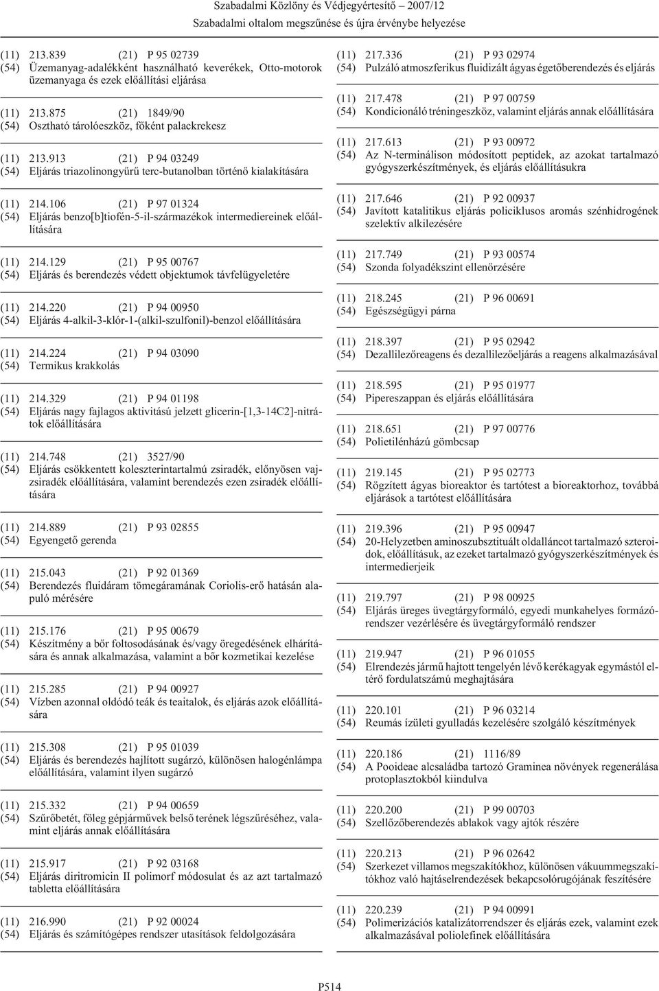 106 (21) P 97 01324 (54) Eljárás benzo[b]tiofén-5-il-származékok intermediereinek (11) 214.129 (21) P 95 00767 (54) Eljárás és berendezés védett objektumok távfelügyeletére (11) 214.