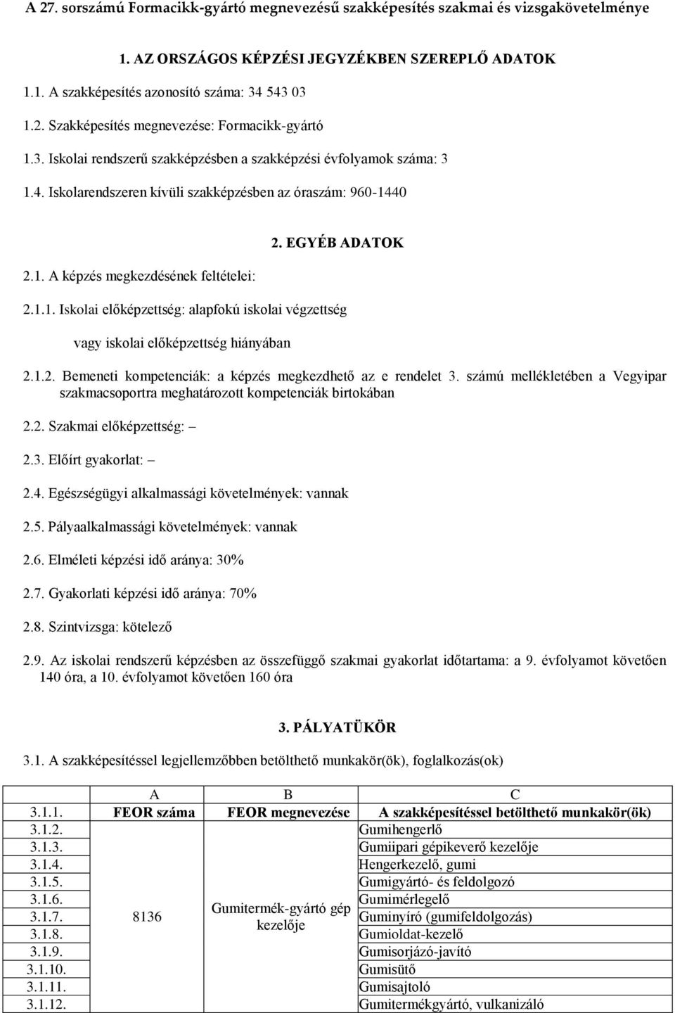 1.2. Bemeneti kompetenciák: a képzés megkezdhető az e rendelet 3. számú mellékletében a Vegyipar szakmacsoportra meghatározott kompetenciák birtokában 2.2. Szakmai előképzettség: 2.3. Előírt gyakorlat: 2.