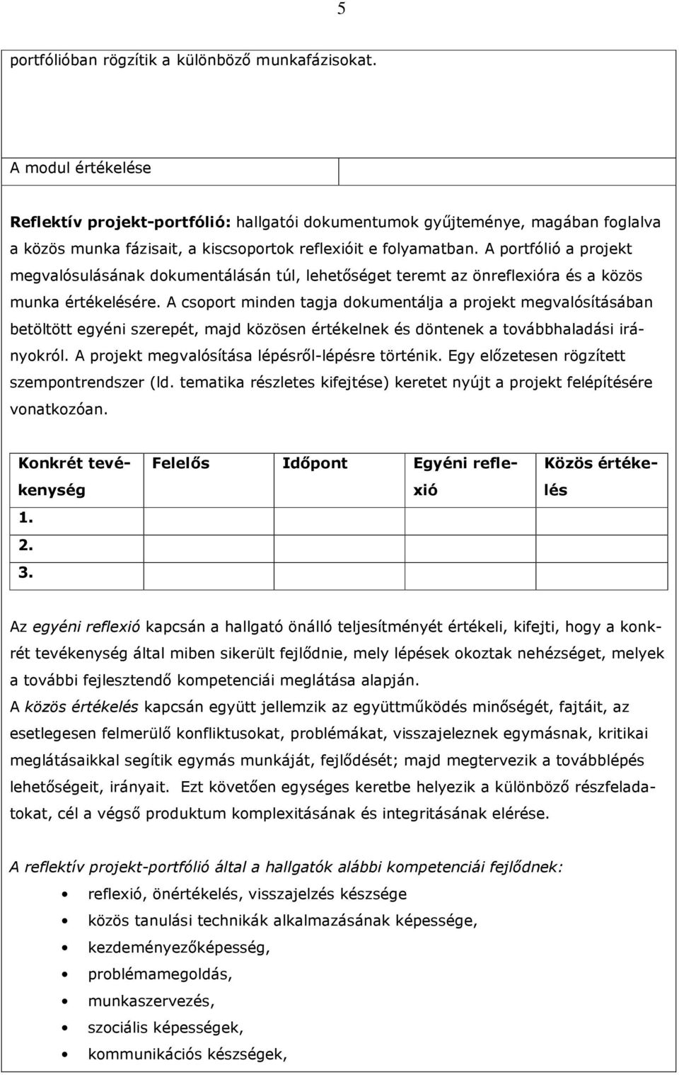 A portfólió a projekt megvalósulásának dokumentálásán túl, lehetıséget teremt az önreflexióra és a közös munka értékelésére.