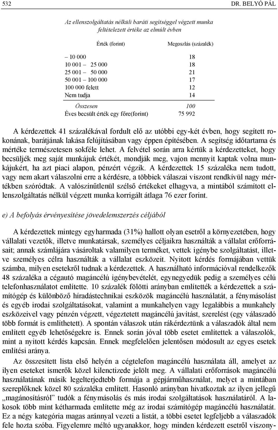 000 17 100 000 felett 12 Nem tudja 14 Összesen 100 Éves becsült érték egy főre(forint) 75 992 A kérdezettek 41 százalékával fordult elő az utóbbi egy-két évben, hogy segített rokonának, barátjának