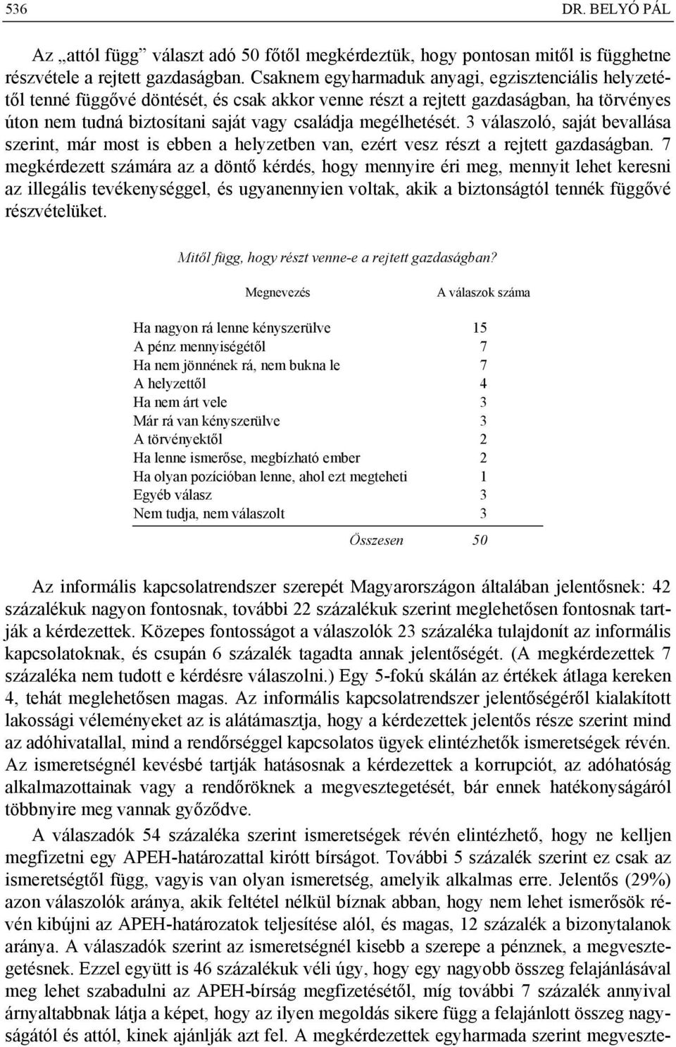 megélhetését. 3 válaszoló, saját bevallása szerint, már most is ebben a helyzetben van, ezért vesz részt a rejtett gazdaságban.