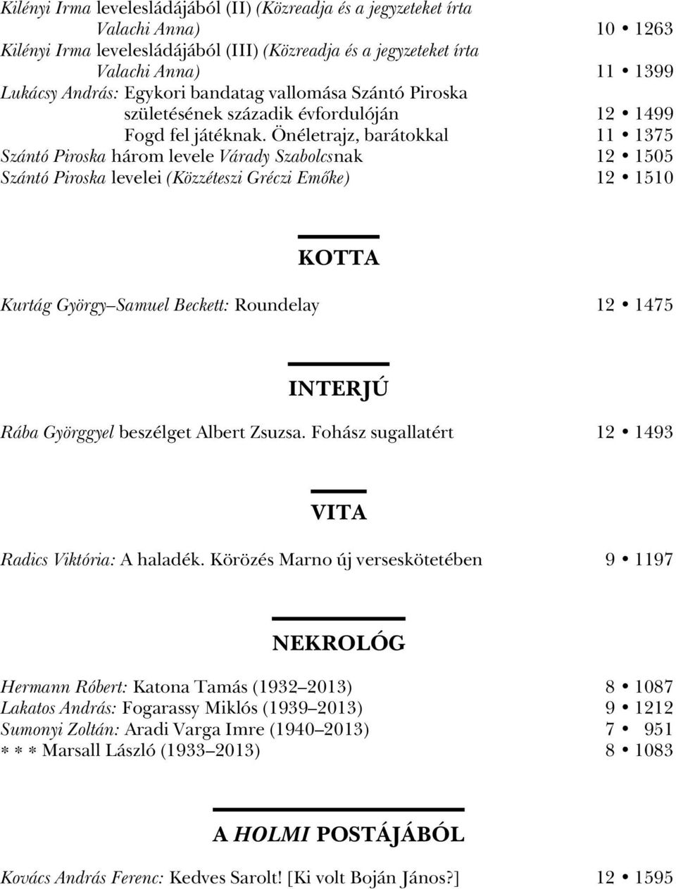 Önéletrajz, barátokkal 11 1375 Szántó Piroska három levele Várady Szabolcsnak 12 1505 Szántó Piroska levelei (Közzéteszi Gréczi Emôke) 12 1510 KOTTA Kurtág György Samuel Beckett: Roundelay 12 1475