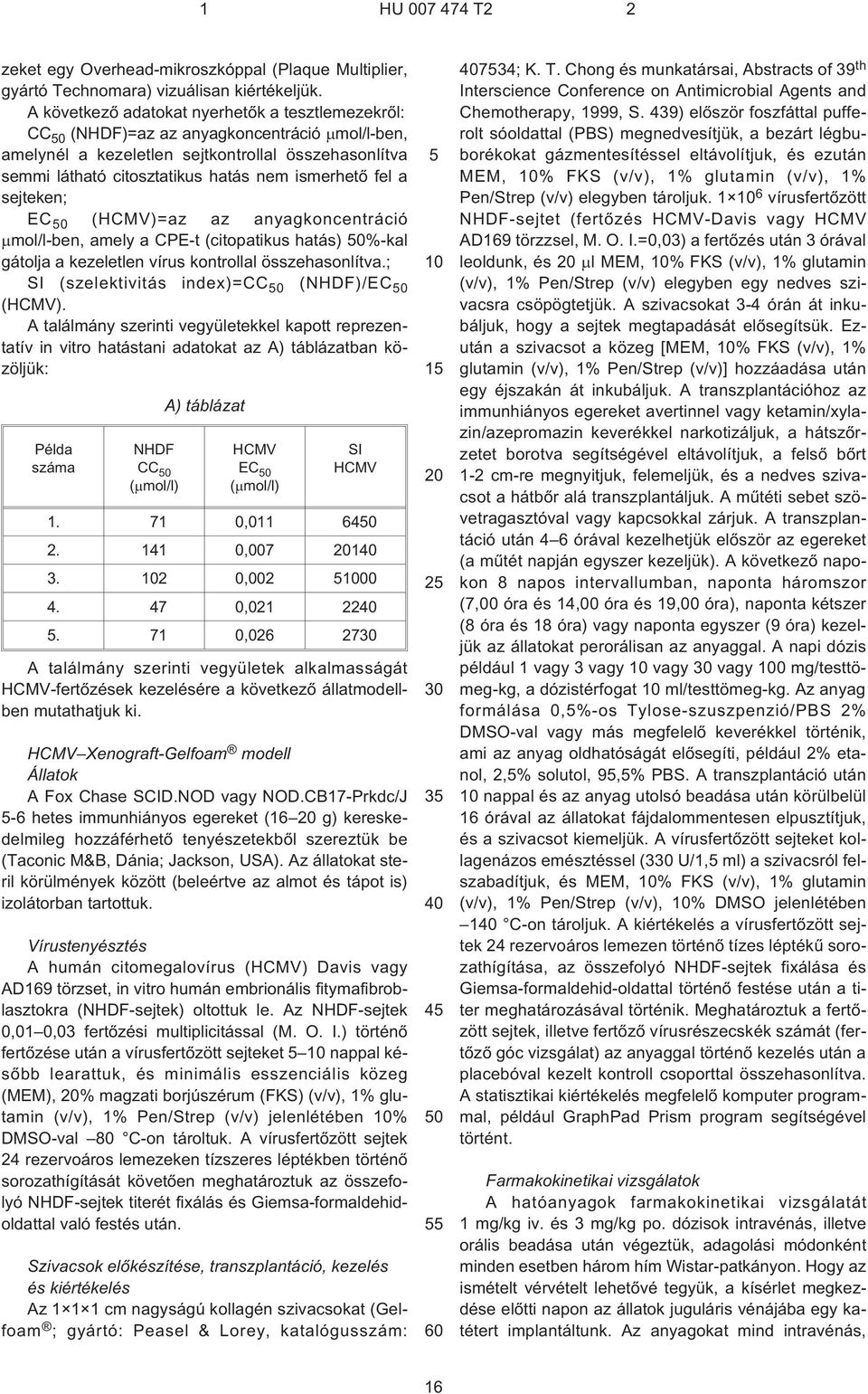 fel a sejteken; EC 0 (HCMV)=az az anyagkoncentráció mol/l¹ben, amely a CPE¹t (citopatikus hatás) 0%-kal gátolja a kezeletlen vírus kontrollal összehasonlítva.
