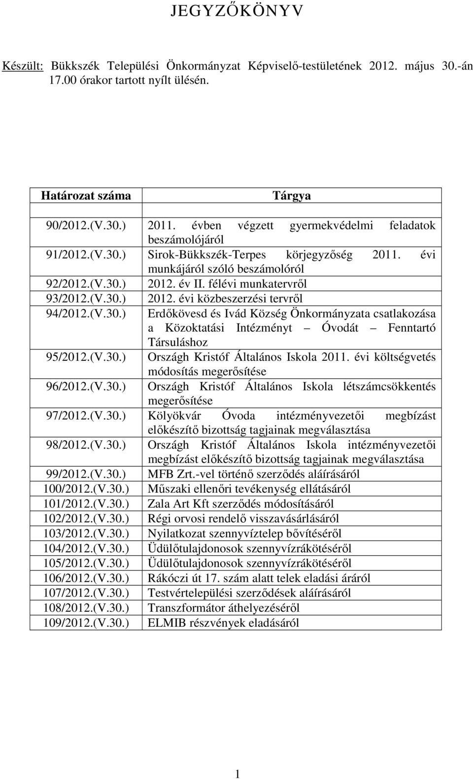 félévi munkatervről 93/2012.(V.30.) 94/2012.(V.30.) 2012. évi közbeszerzési tervről Erdőkövesd és Ivád Község Önkormányzata csatlakozása a Közoktatási Intézményt Óvodát Fenntartó Társuláshoz 95/2012.