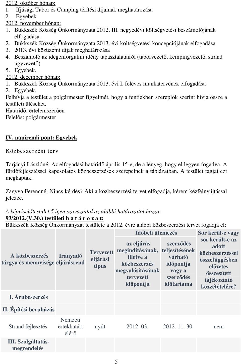 Beszámoló az idegenforgalmi idény tapasztalatairól (táborvezető, kempingvezető, strand ügyvezető) 5. Egyebek. 2012. december hónap: 1. Bükkszék Község Önkormányzata 2013. évi I.