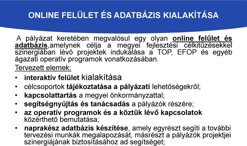 Tervezett elemek: interaktív felület kialakítása célcsoportok tájékoztatása a pályázati lehetőségekről; kapcsolattartás a megyei önkormányzattal; segítségnyújtás és tanácsadás