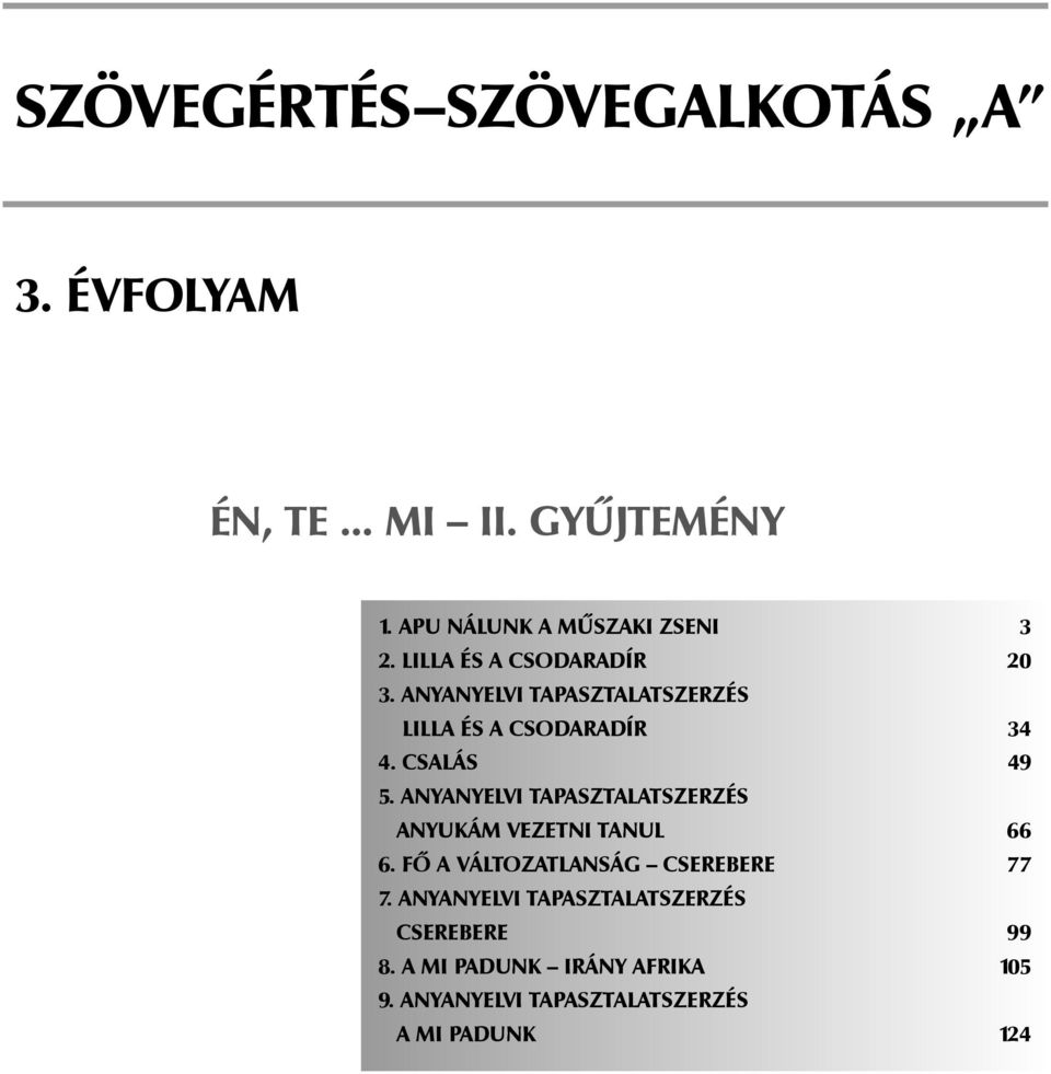 ANYANYELVI TAPASZTALATSZERZÉS ANYUKÁM VEZETNI TANUL 66 6. FŐ A VÁLTOZATLANSÁG CSEREBERE 77 7.