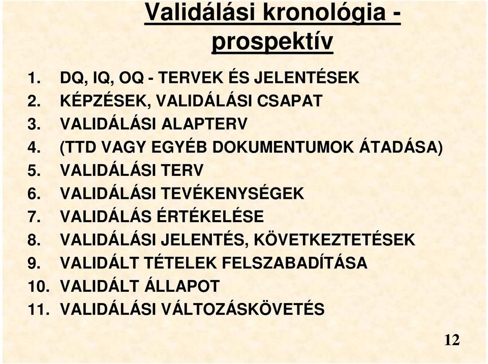 (TTD VAGY EGYÉB DOKUMENTUMOK ÁTADÁSA) 5. VALIDÁLÁSI TERV 6. VALIDÁLÁSI TEVÉKENYSÉGEK 7.