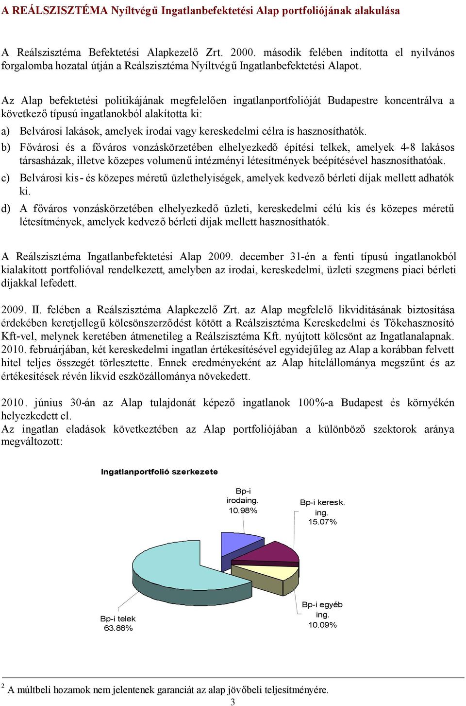 Az Alap befektetési politikájának megfelelően ingatlanportfolióját Budapestre koncentrálva a következőtípusú ingatlanokból alakította ki: a) Belvárosi lakások, amelyek irodai vagy kereskedelmi célra